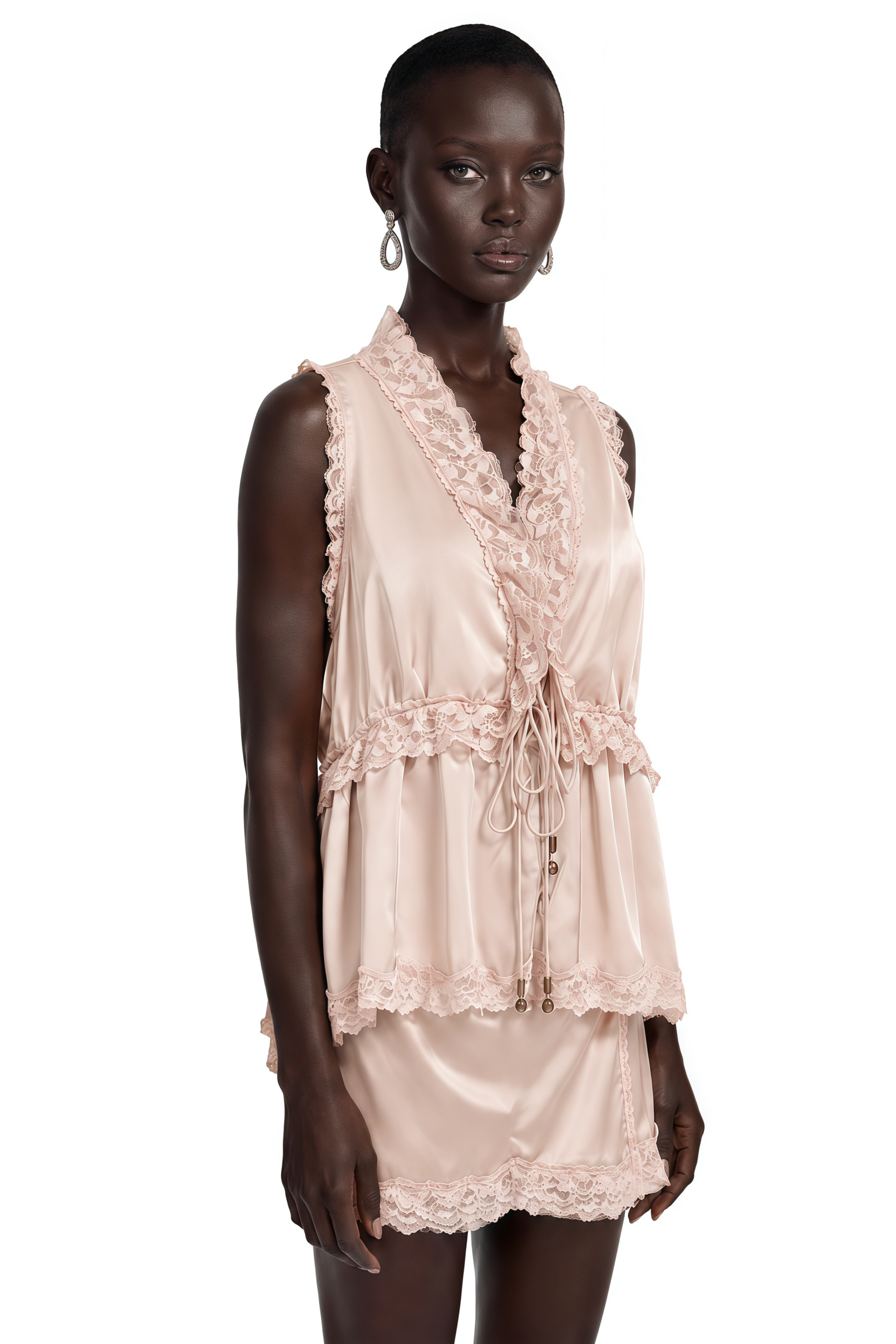 Megan Pink Ruffled Top with Lace Trim