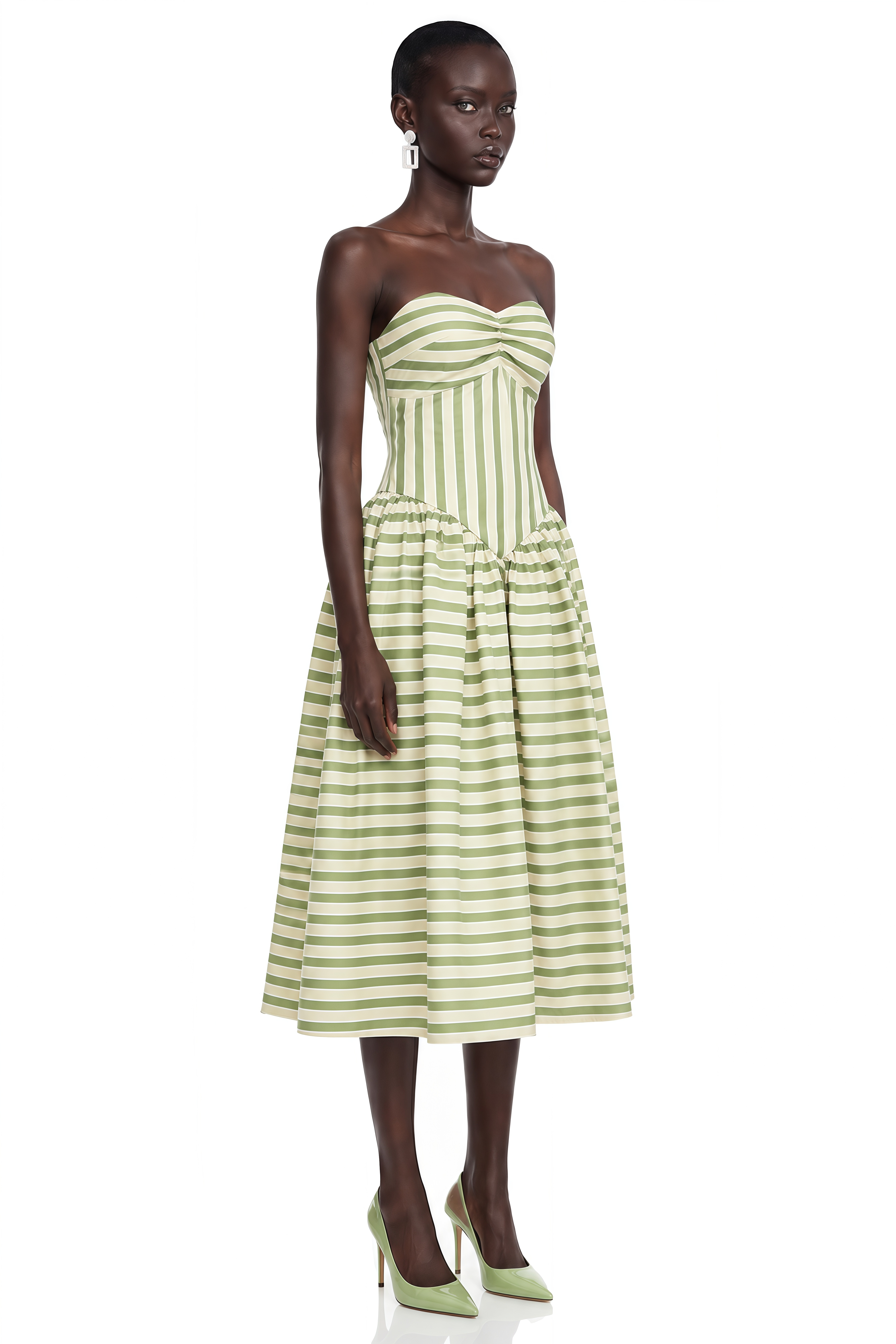 Melissa Emerald Green Sweetheart Midi Dress with Horizontal Stripes