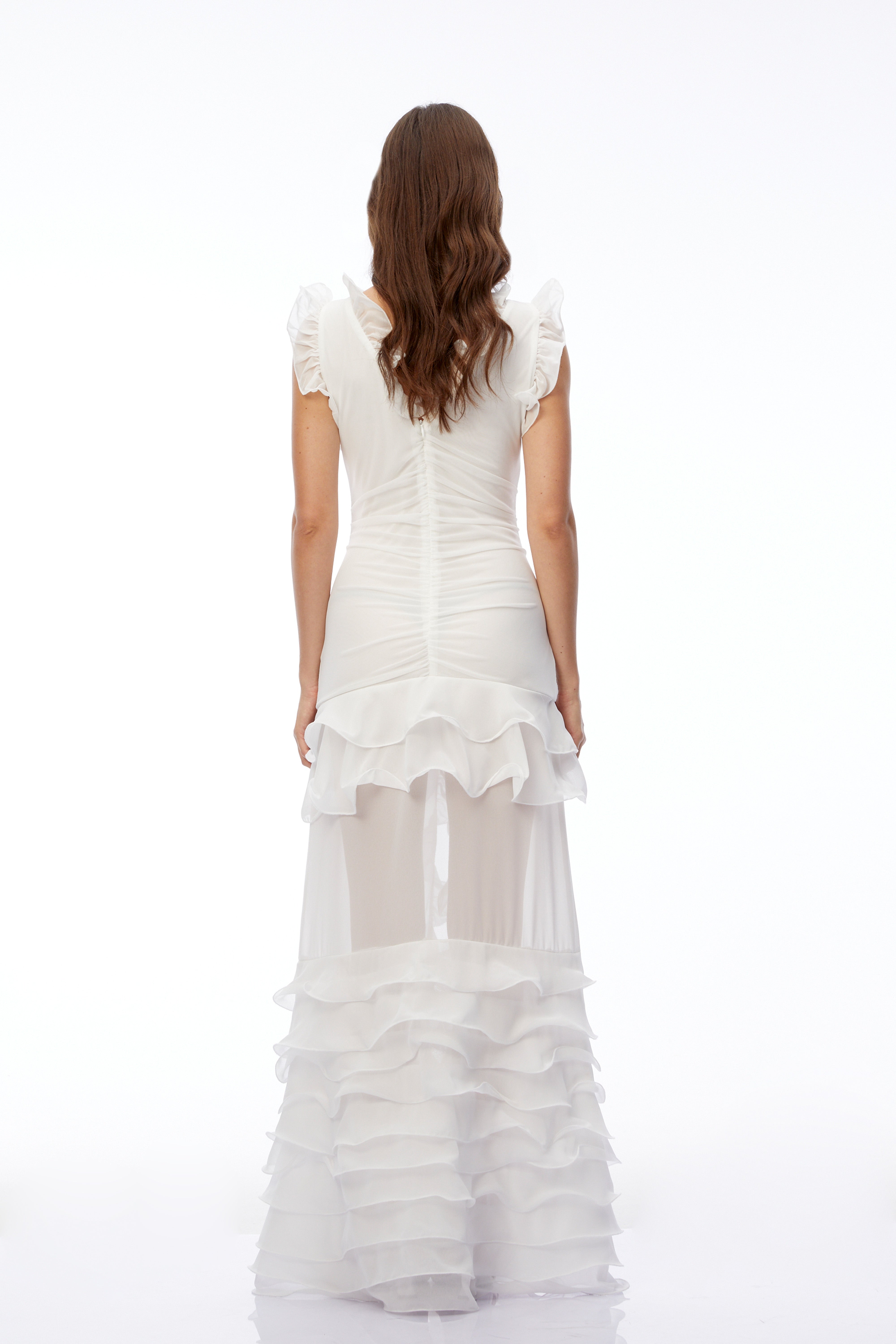 Meredith White V-Neck Tiered Ruffled Maxi Dress