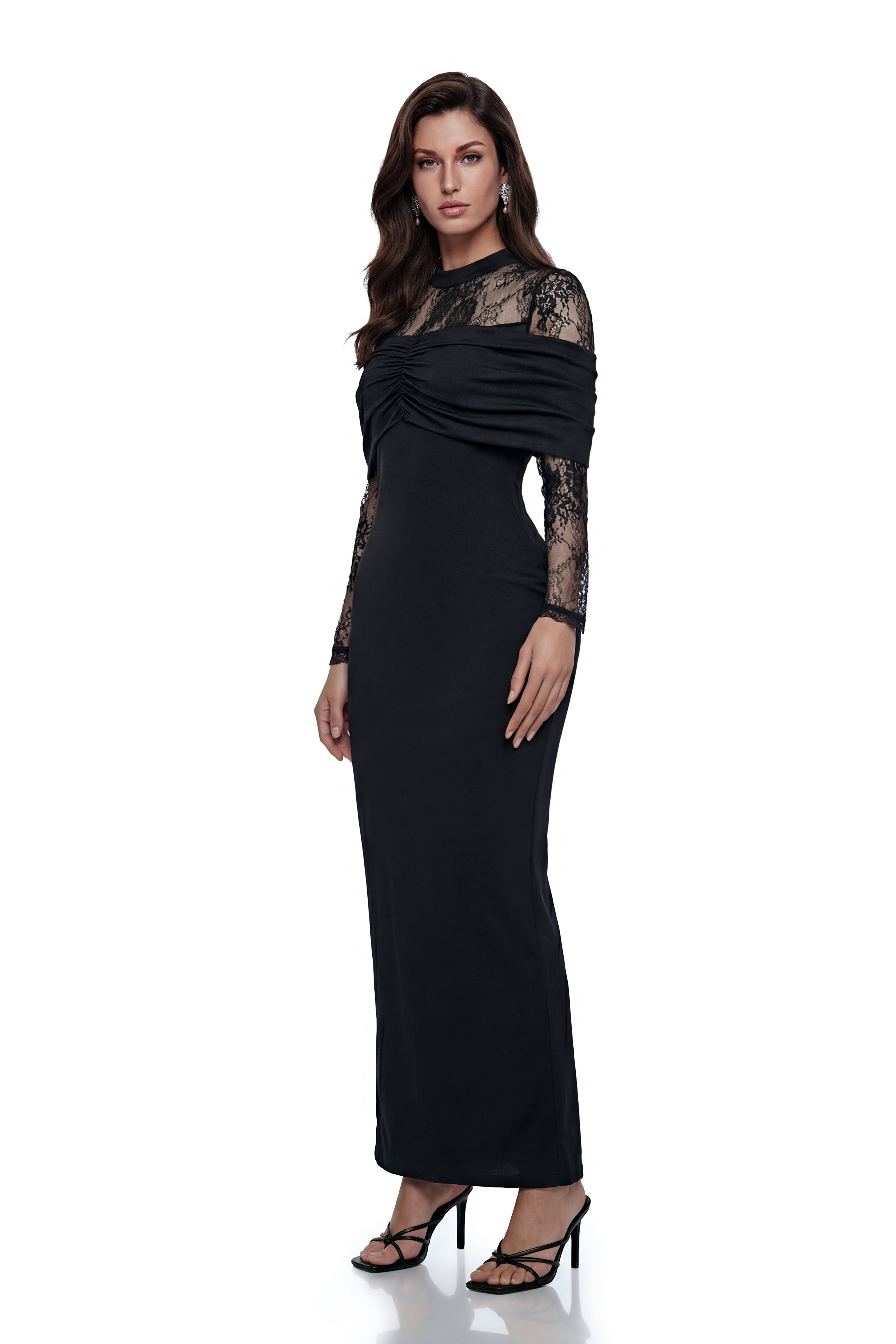 Meri Black Ruched Maxi Dress with Lace Panels