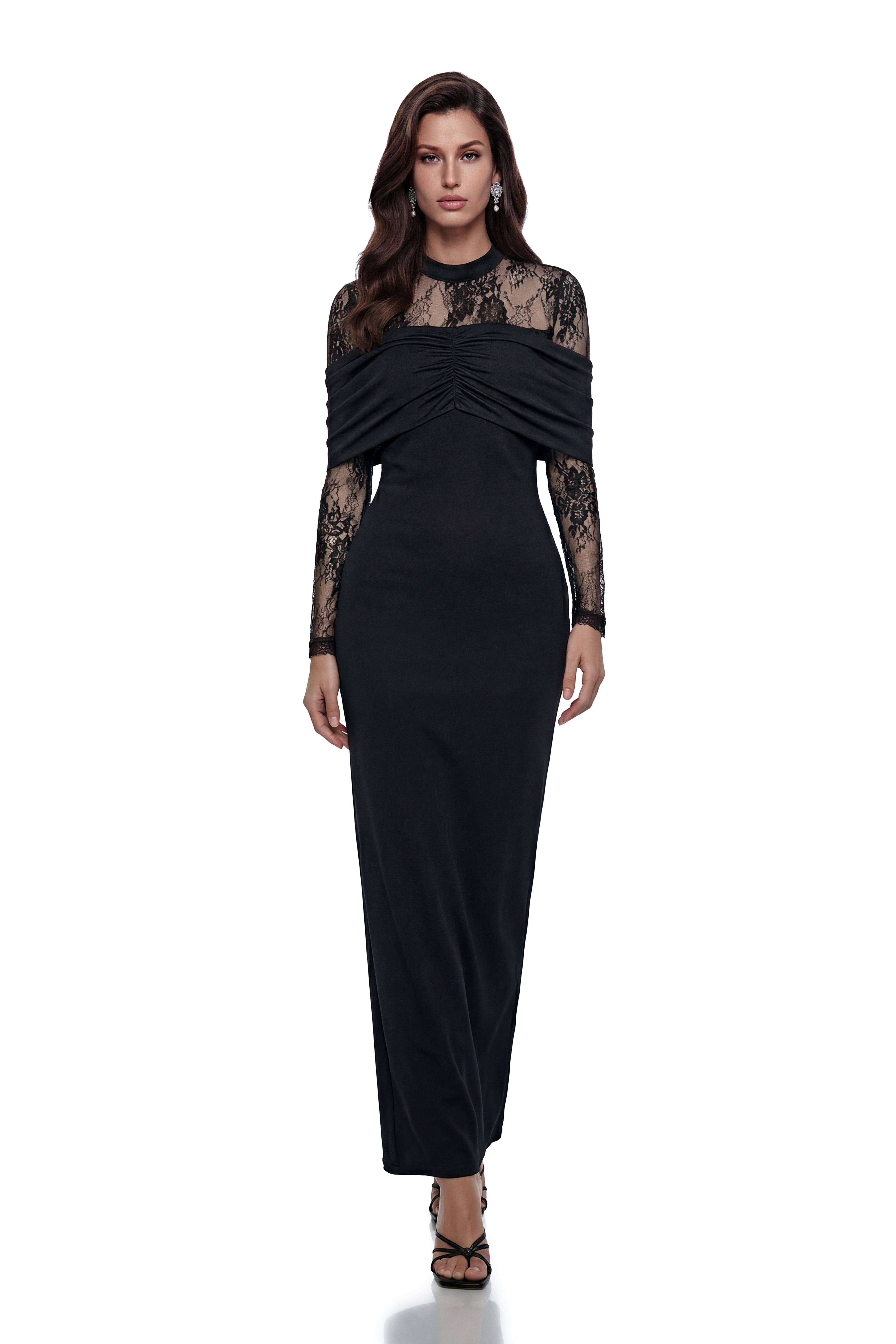 Meri Black Ruched Maxi Dress with Lace Panels