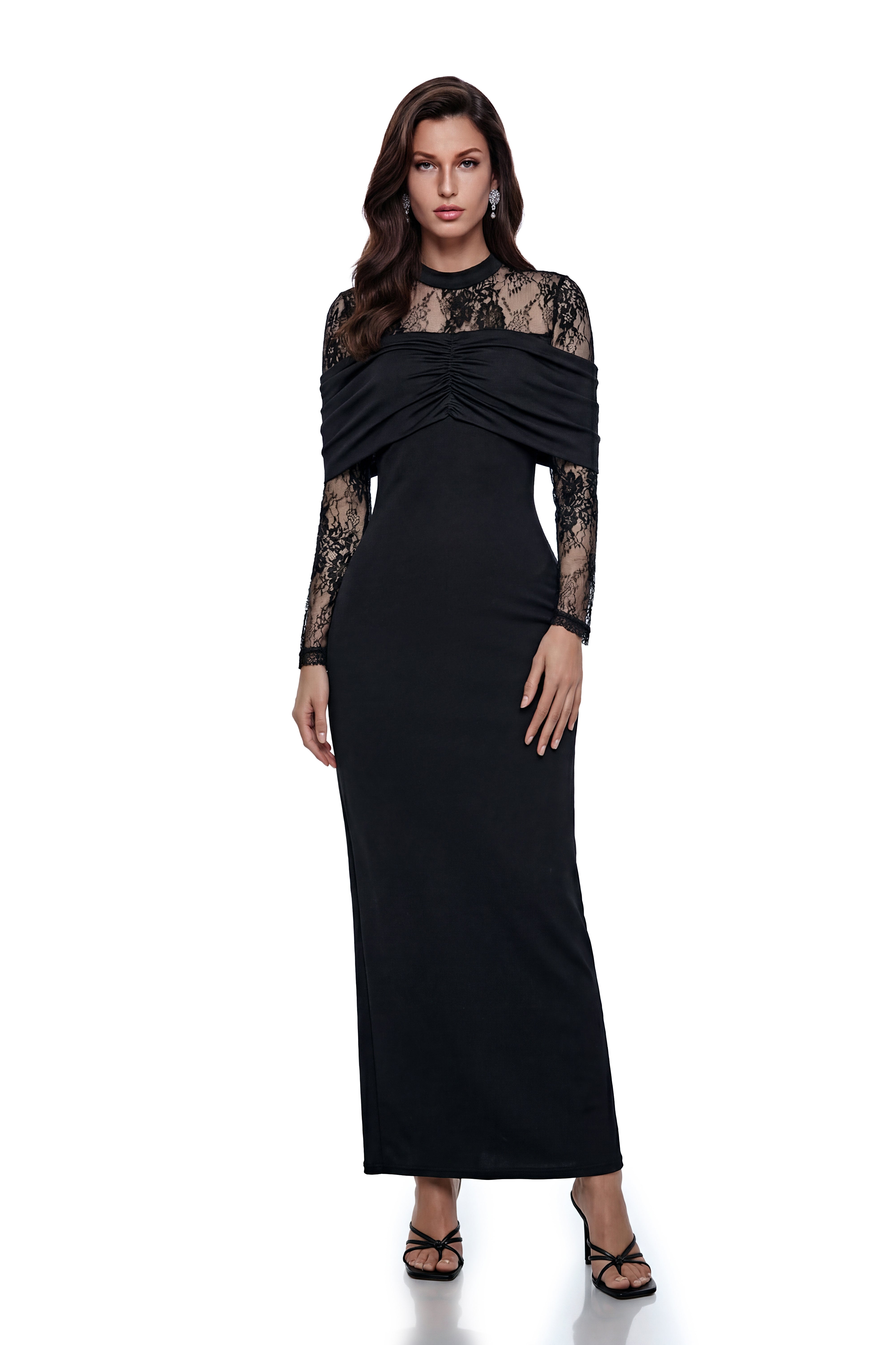 Meri Black Ruched Maxi Dress with Lace Panels
