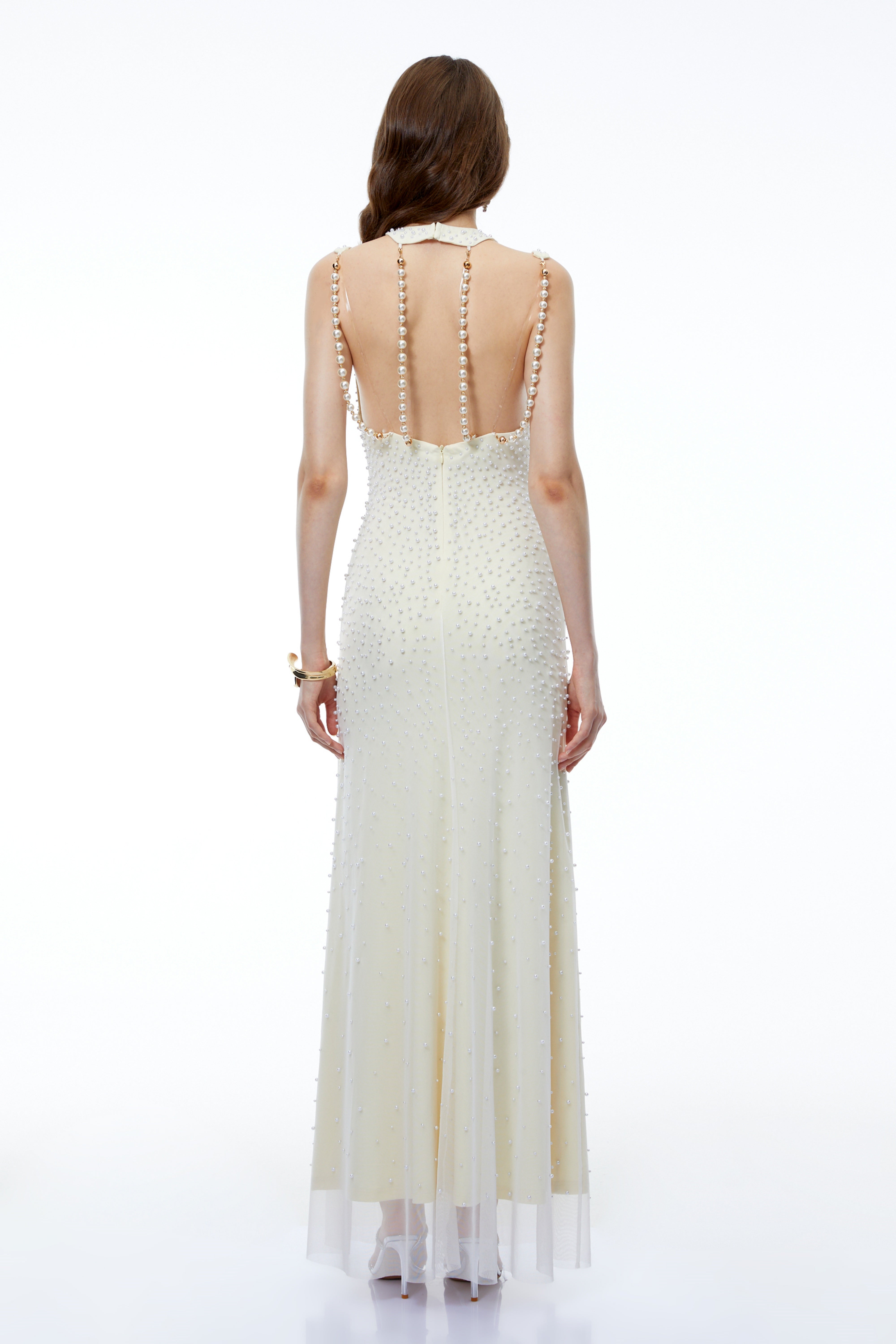 Merve Cream Cold Shoulder Embellished Maxi Dress
