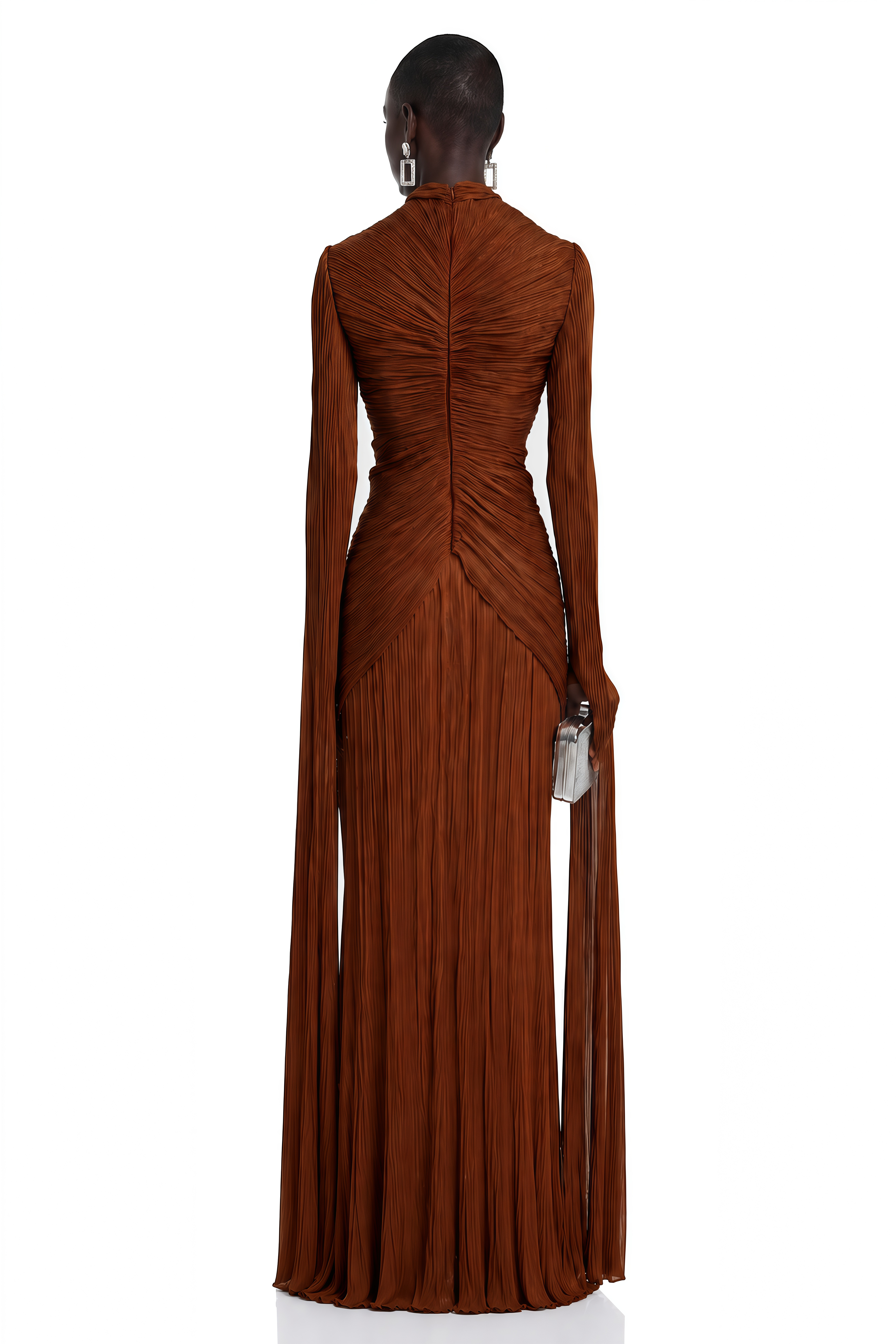 Merve Rust Brown Draped Ruched Maxi Dress