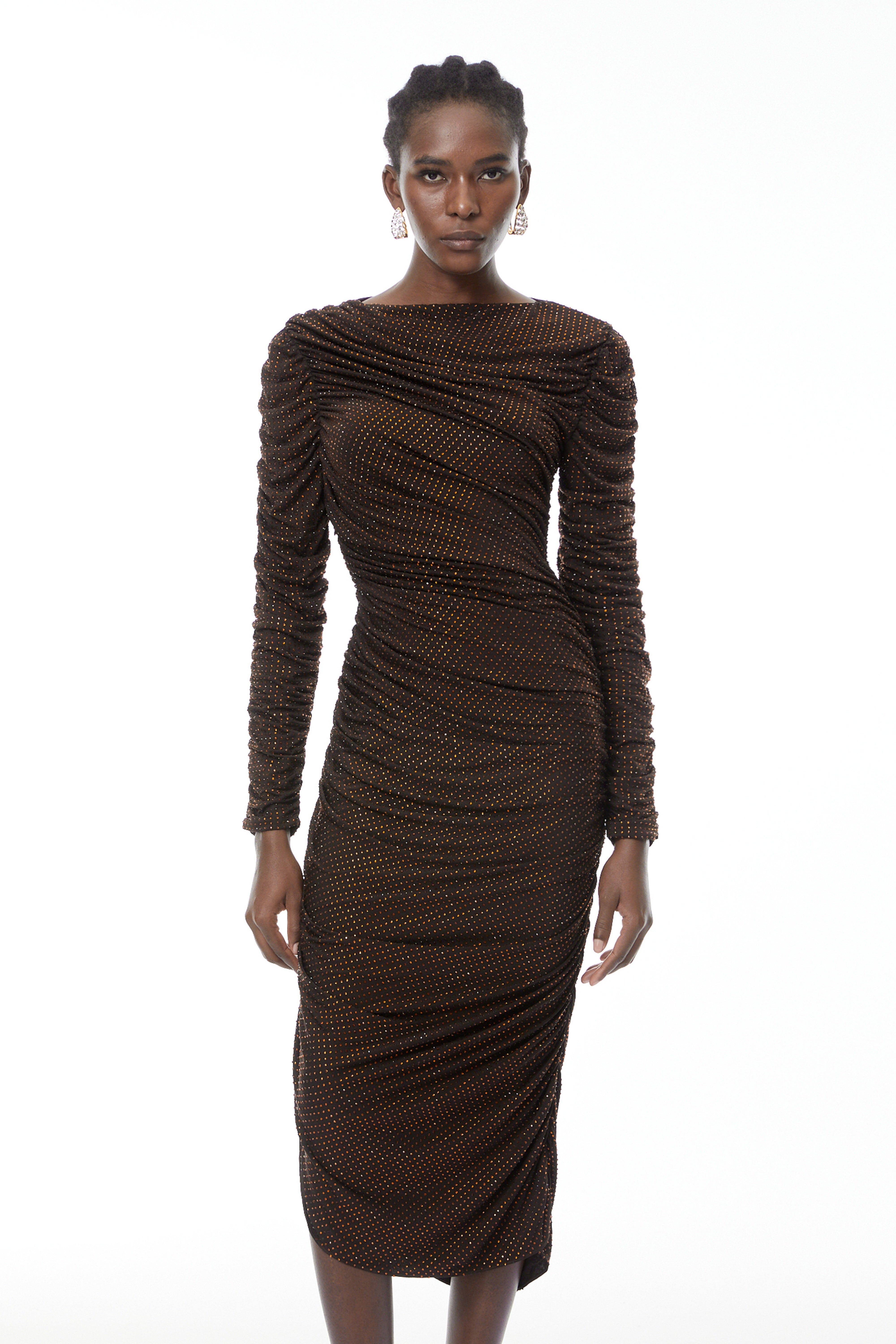 Mia Chocolate Brown Rhinestone Midi Dress