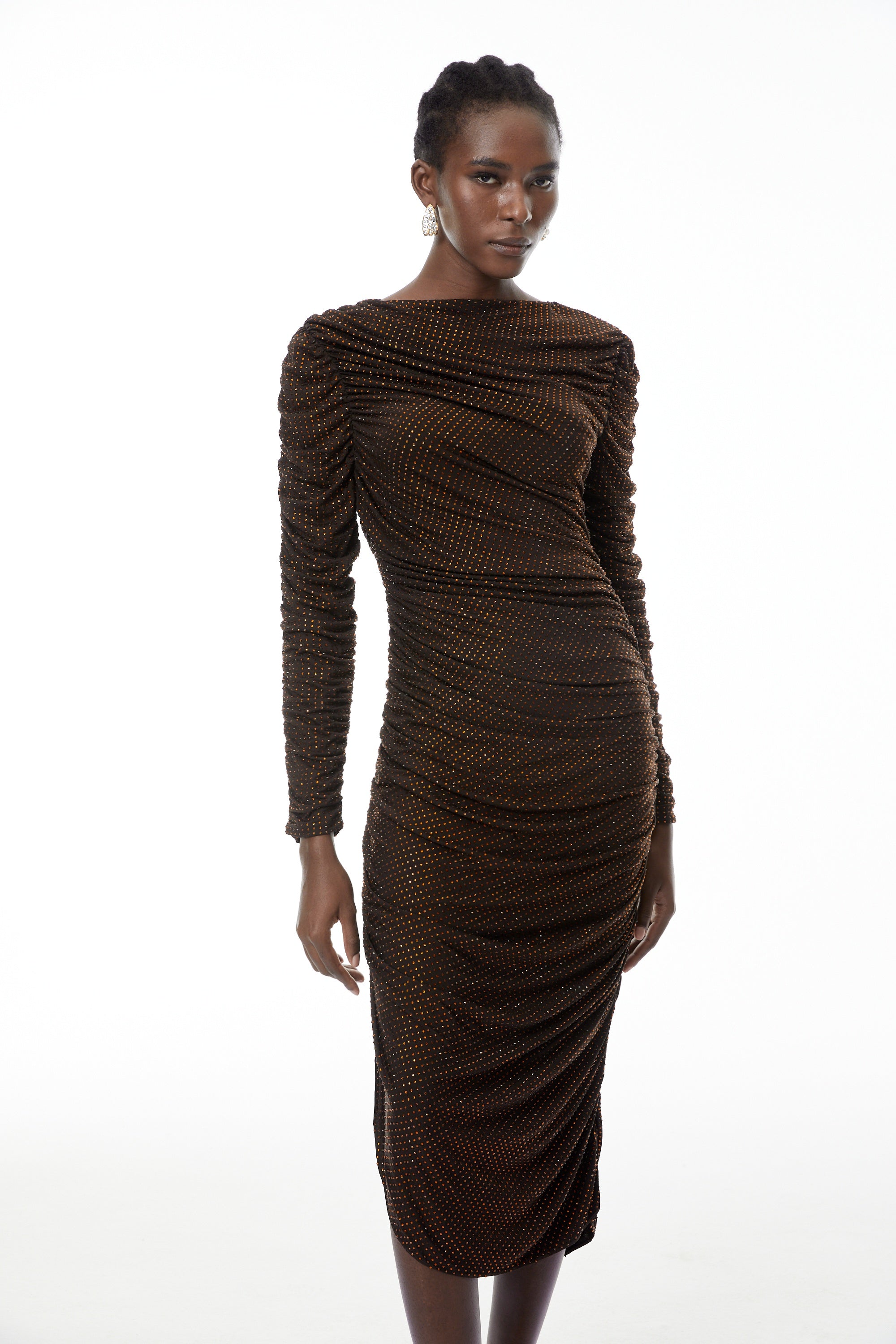 Mia Chocolate Brown Rhinestone Midi Dress