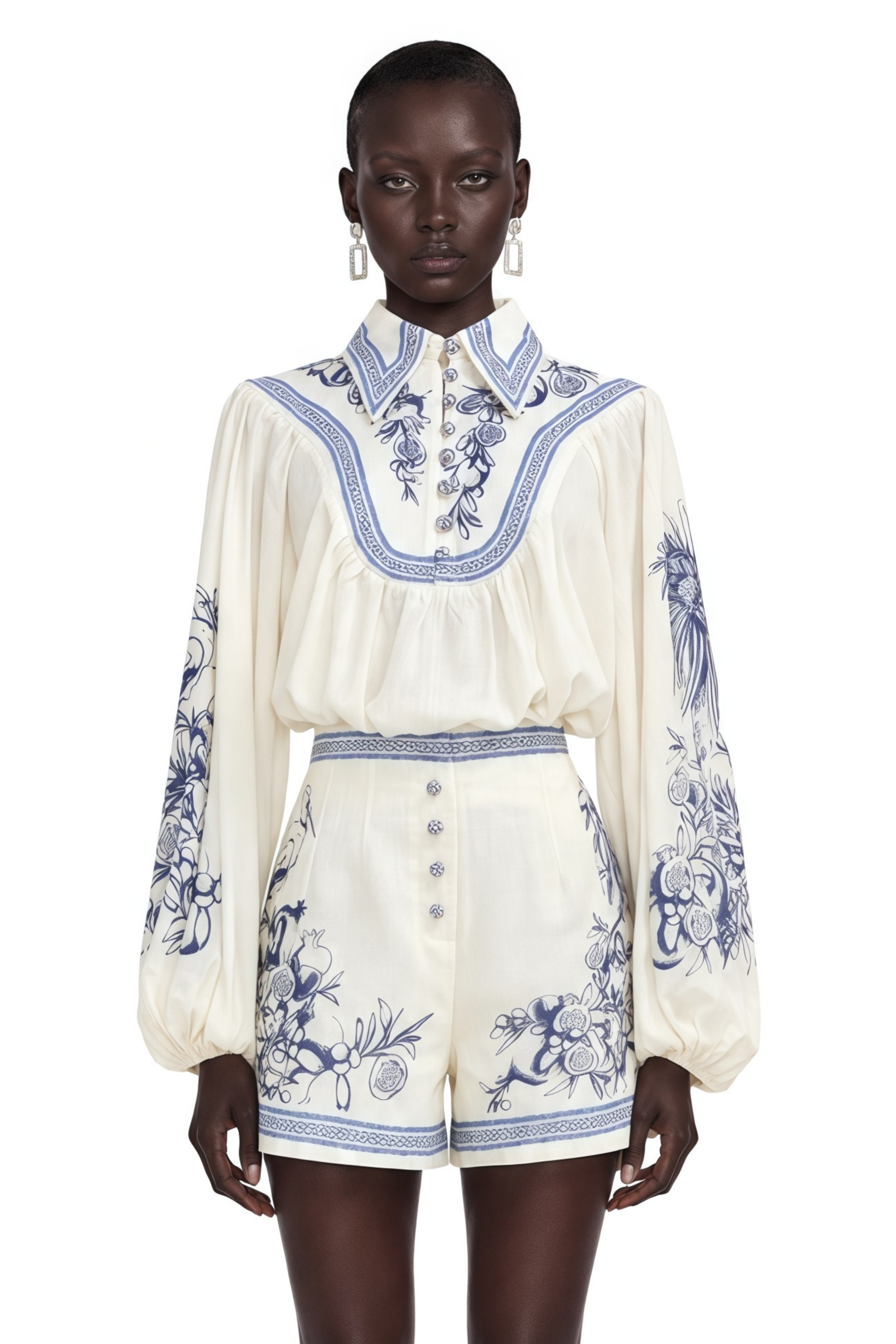 Michaela Blue Porcelain Print Blouse & Shorts Set