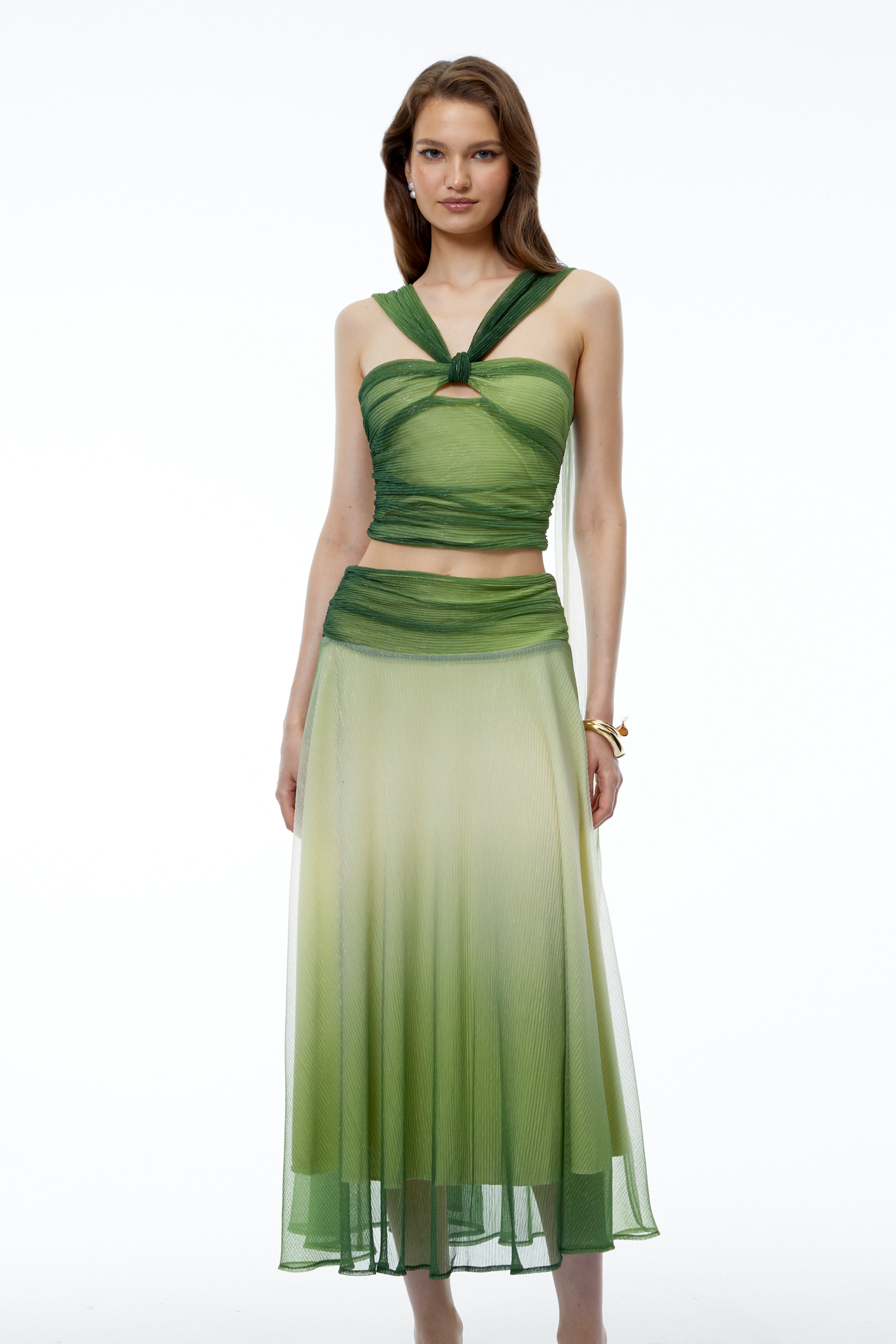Mihi Green Sleeveless Ruched Top & Skirt Set