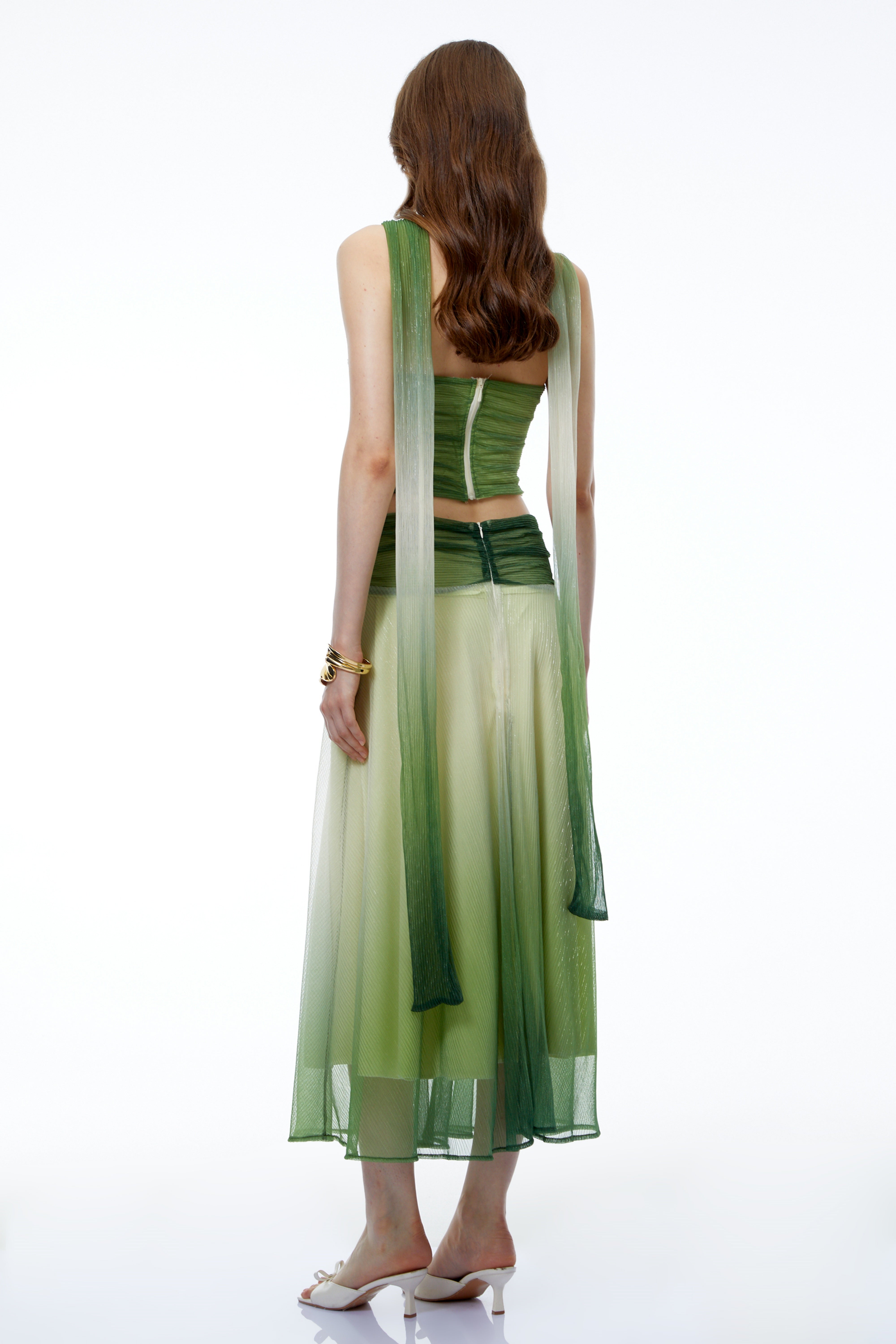 Mihi Green Sleeveless Ruched Top & Skirt Set