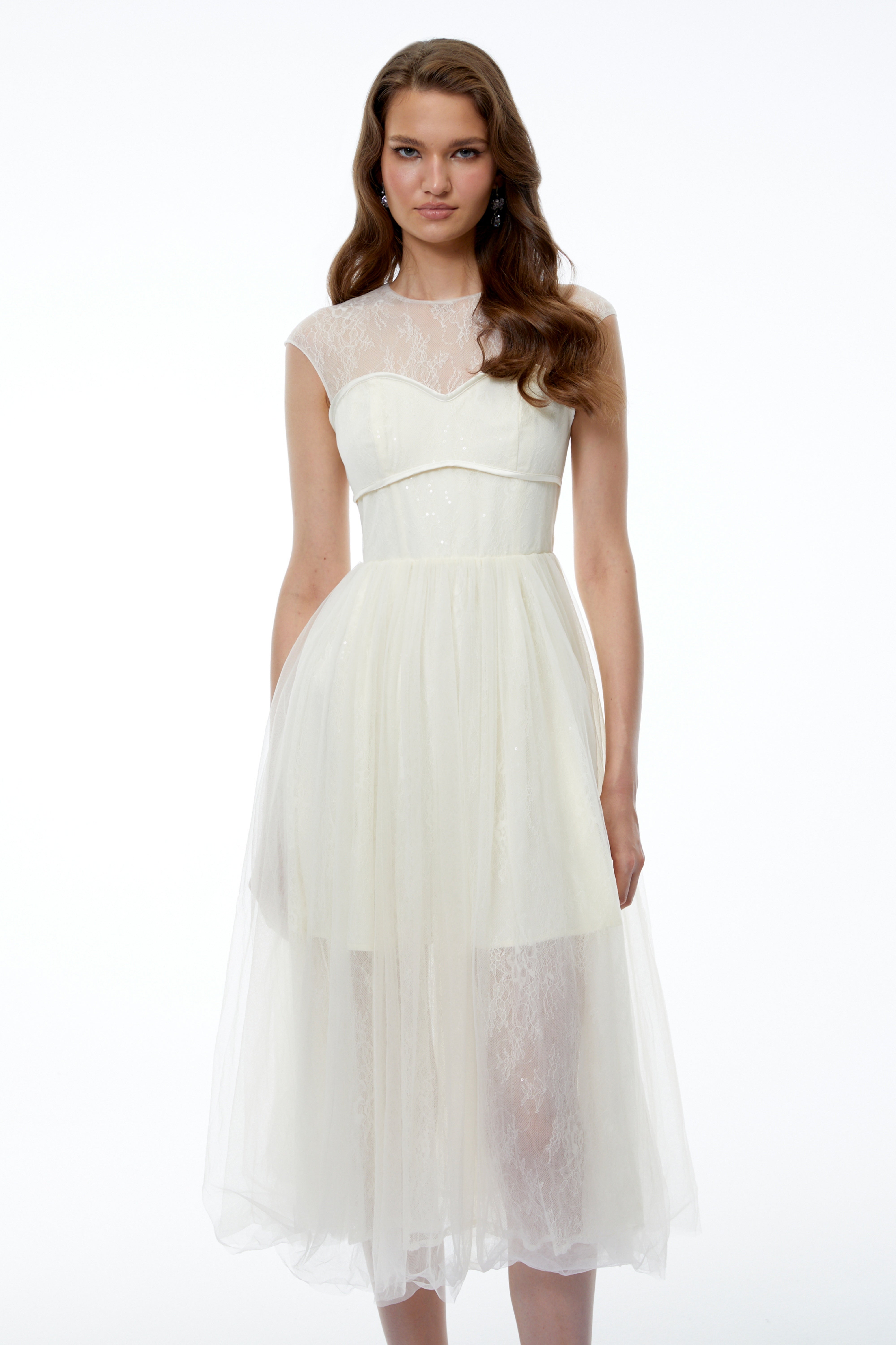 Mila Cream Semi-Sheer Tulle Midi Dress