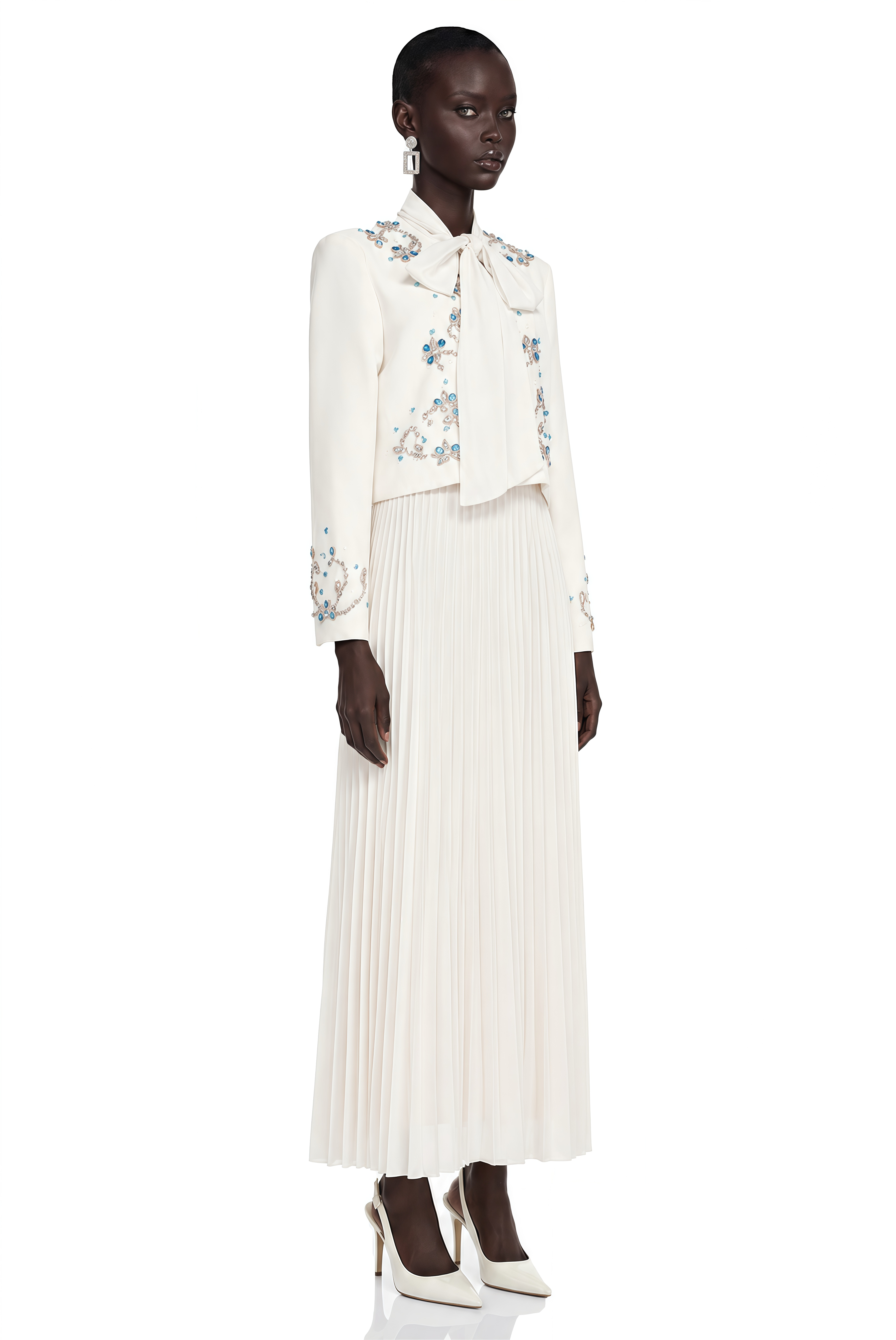 Mildred White Rhinestone Coat & Pleated Maxi Dress Set