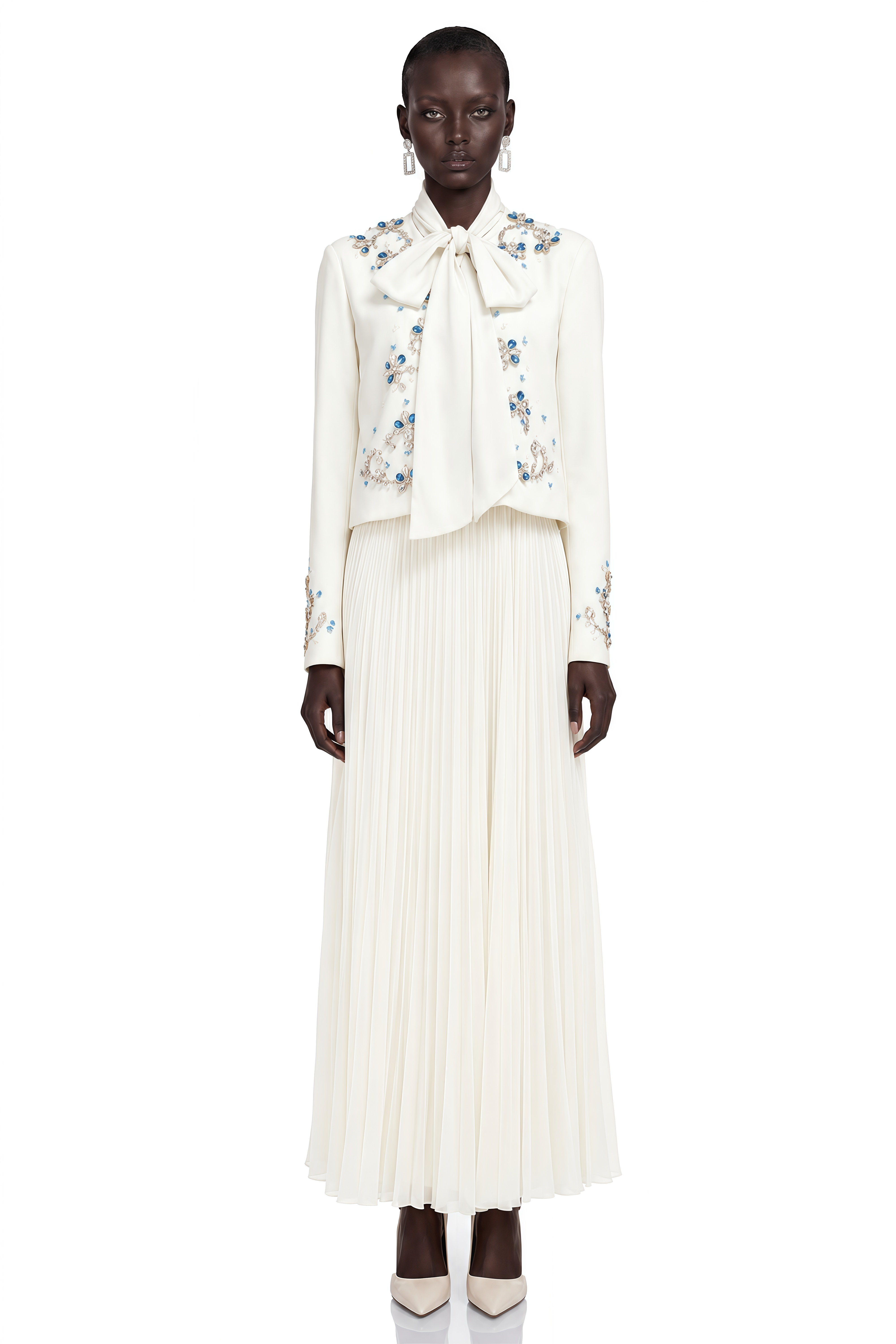 Mildred White Rhinestone Coat & Pleated Maxi Dress Set