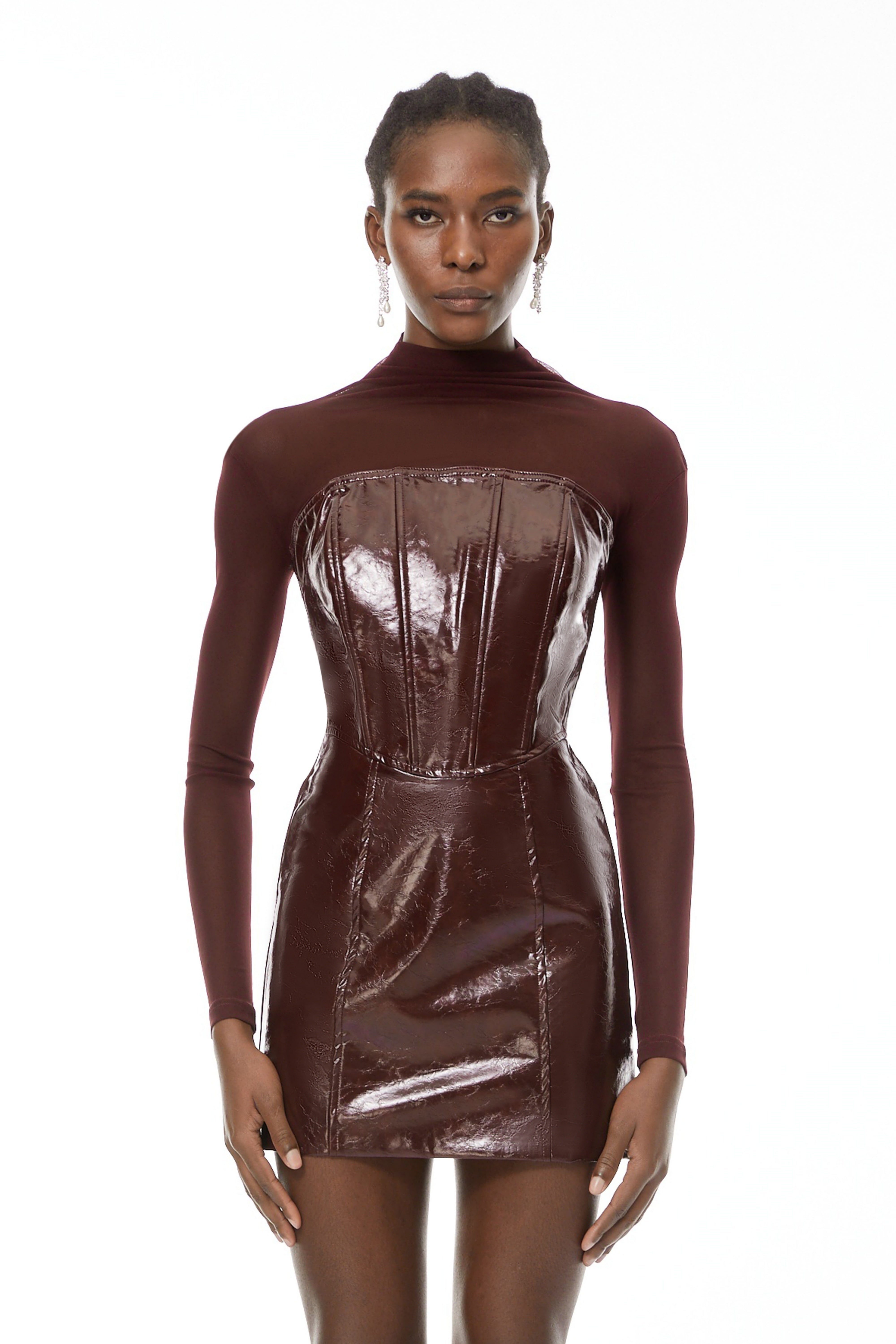 Millie Red Faux Leather Mini Dress with Tulle Panels