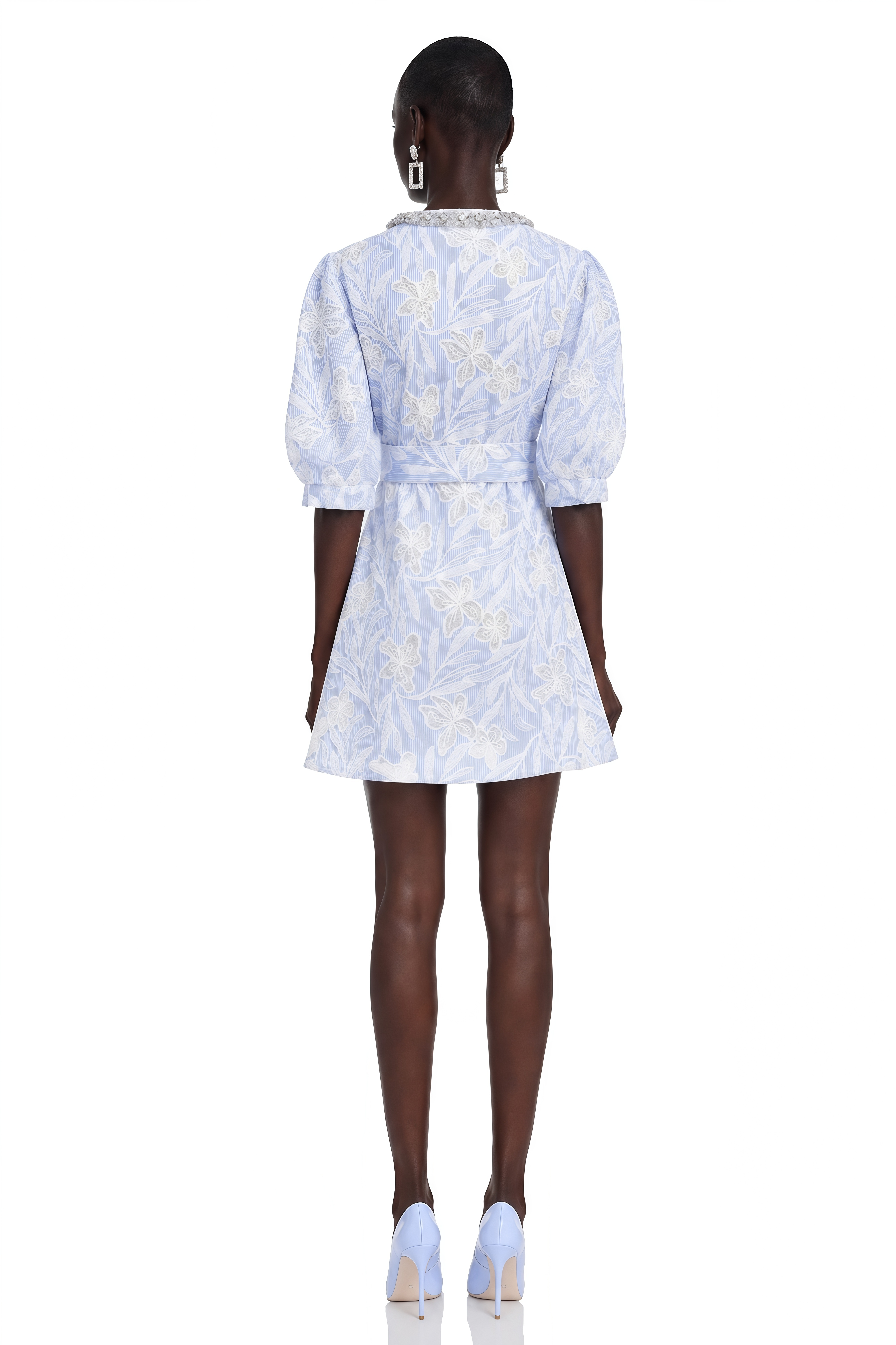 Minnie Light Blue Lace Mini Dress with Floral Embroidery