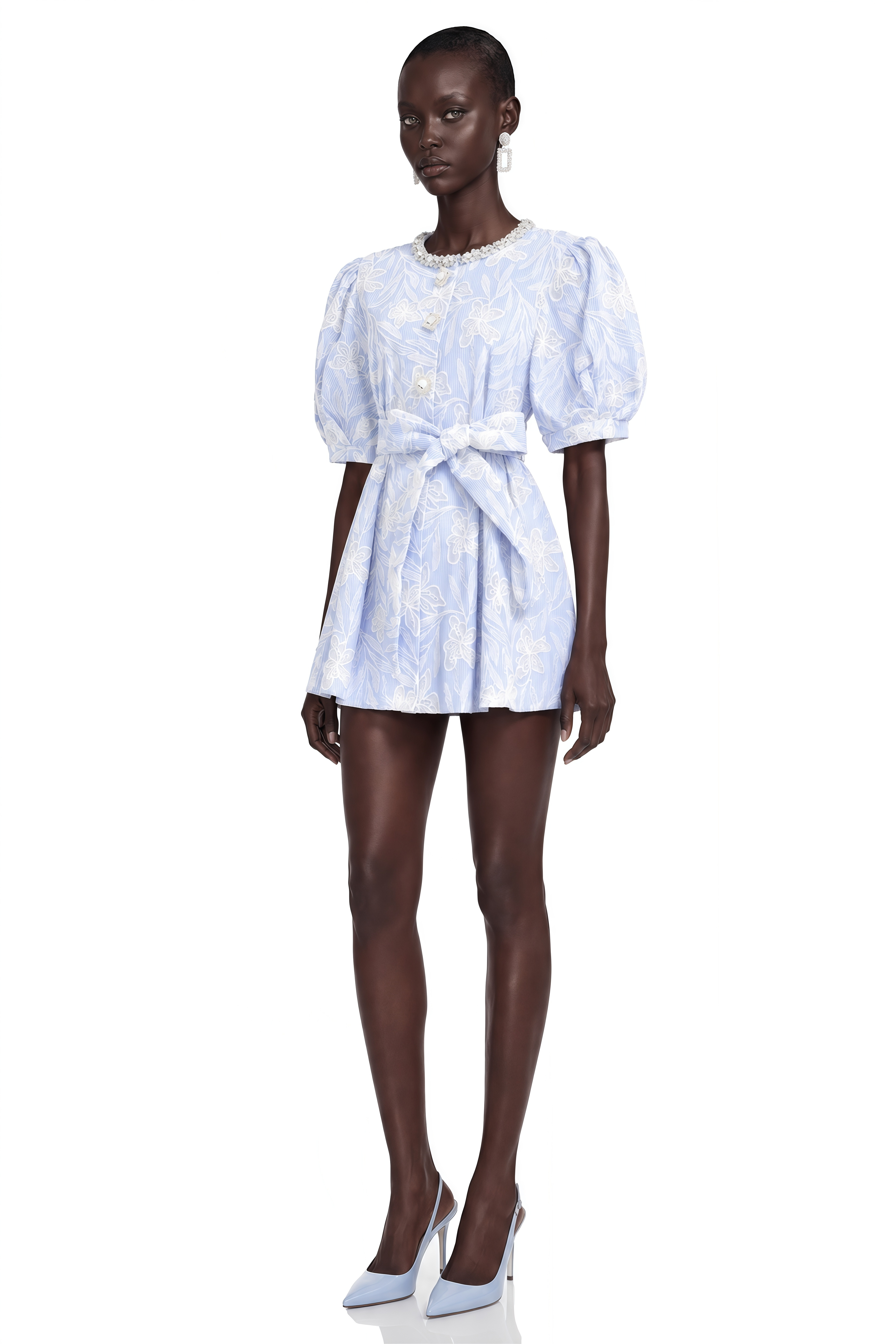 Minnie Light Blue Lace Mini Dress with Floral Embroidery