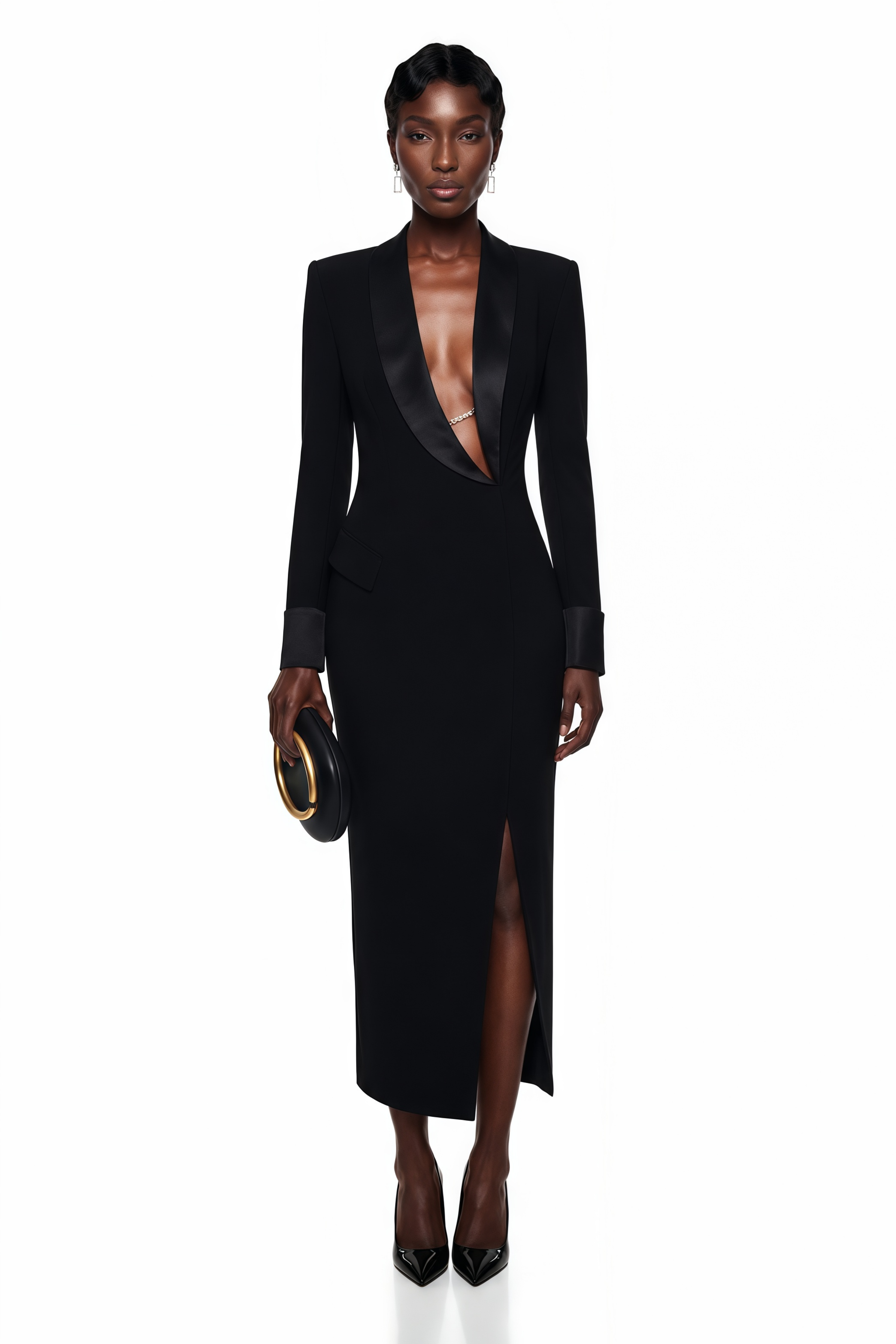 Mirela Black Asymmetrical Plunge Neck Midi Dress