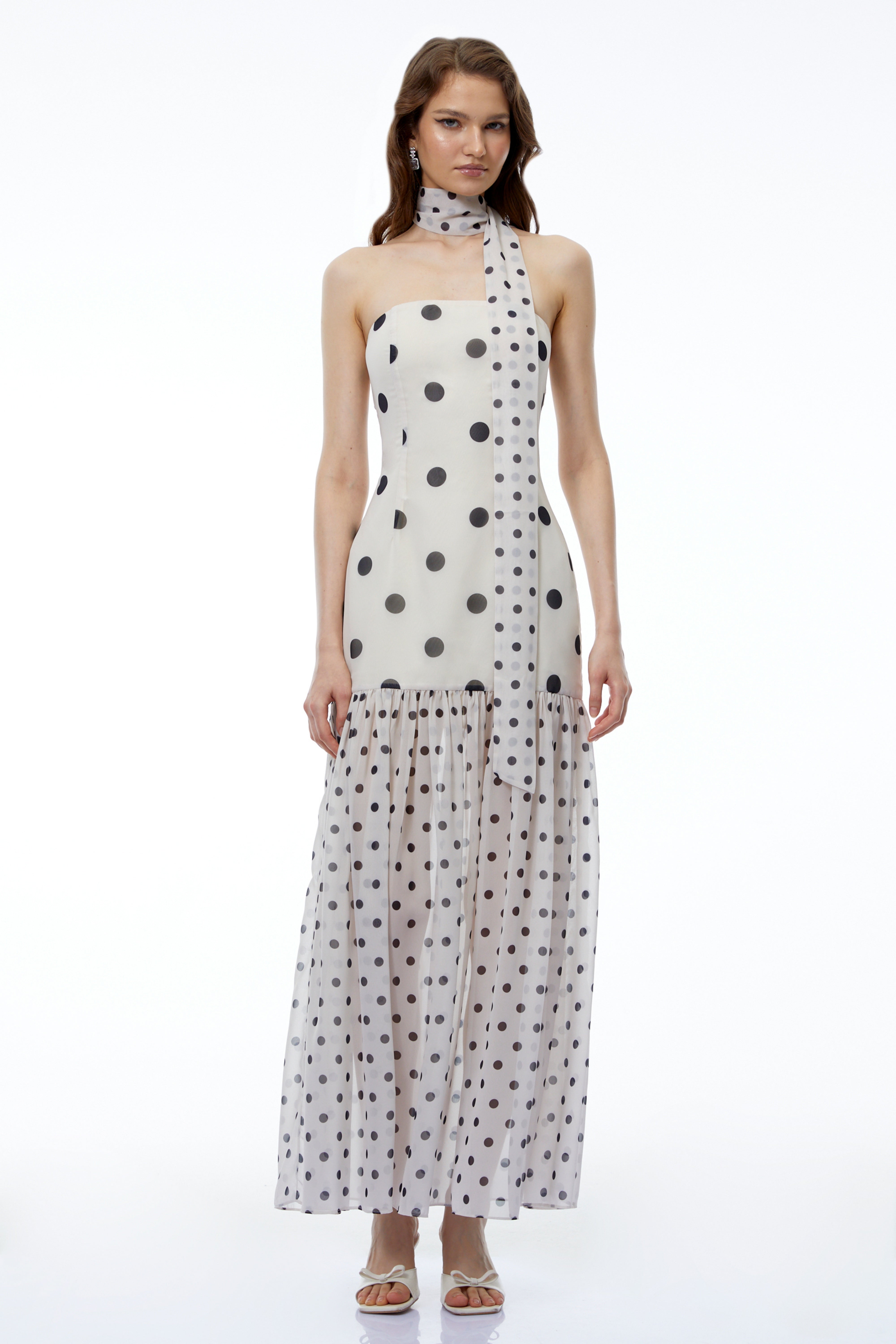 Mirela White Polka Dot Ruched Maxi Dress