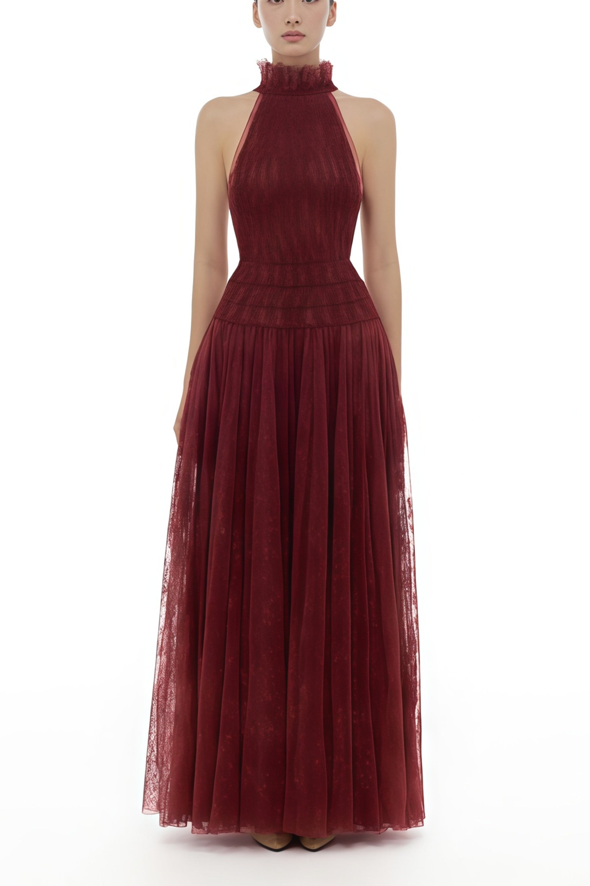 فستان أماندين ماكسي أحمر شفاف بفتحة رقبة على شكل حرف V