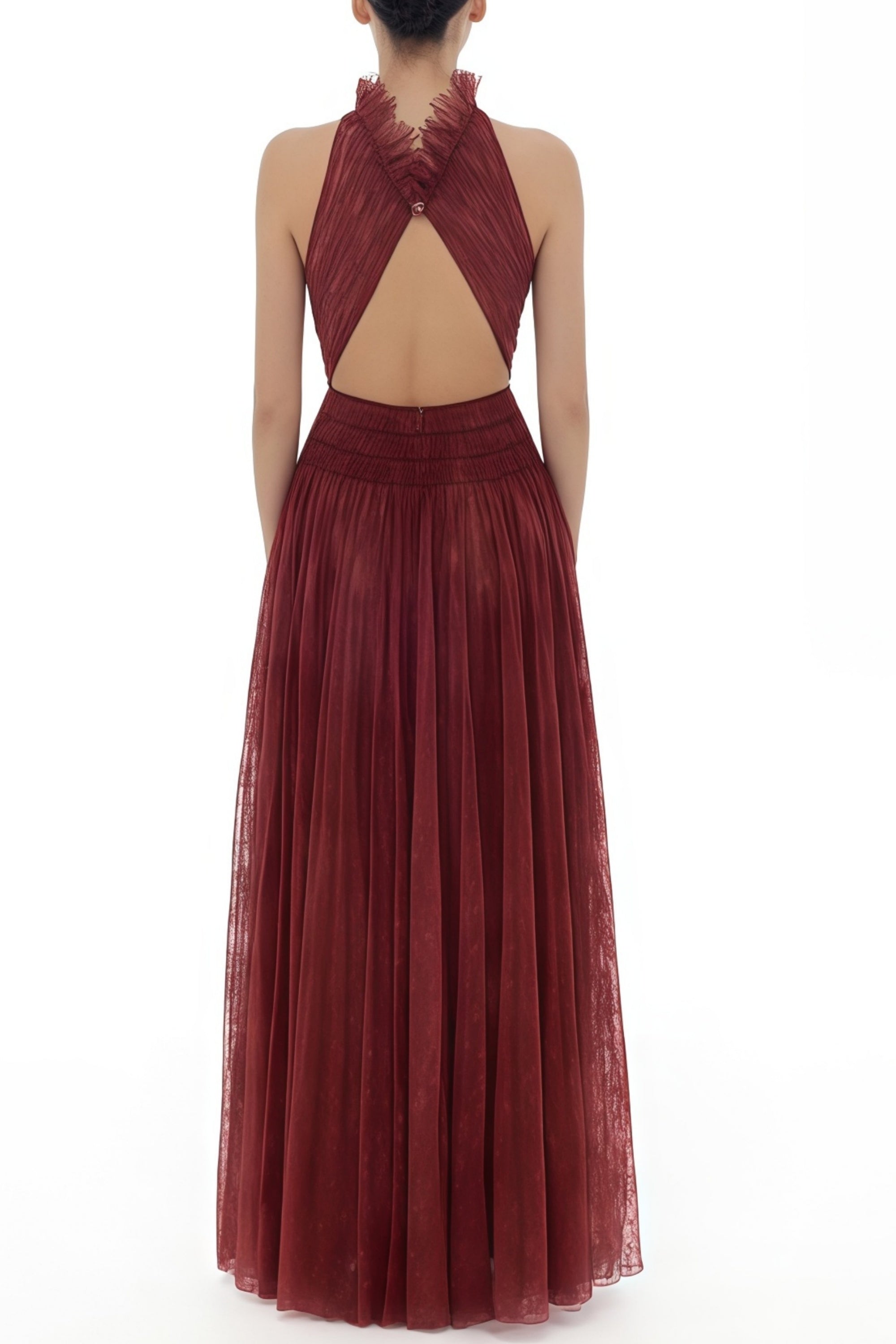 Burgunderrotes Maxikleid aus gesmokter Spitze