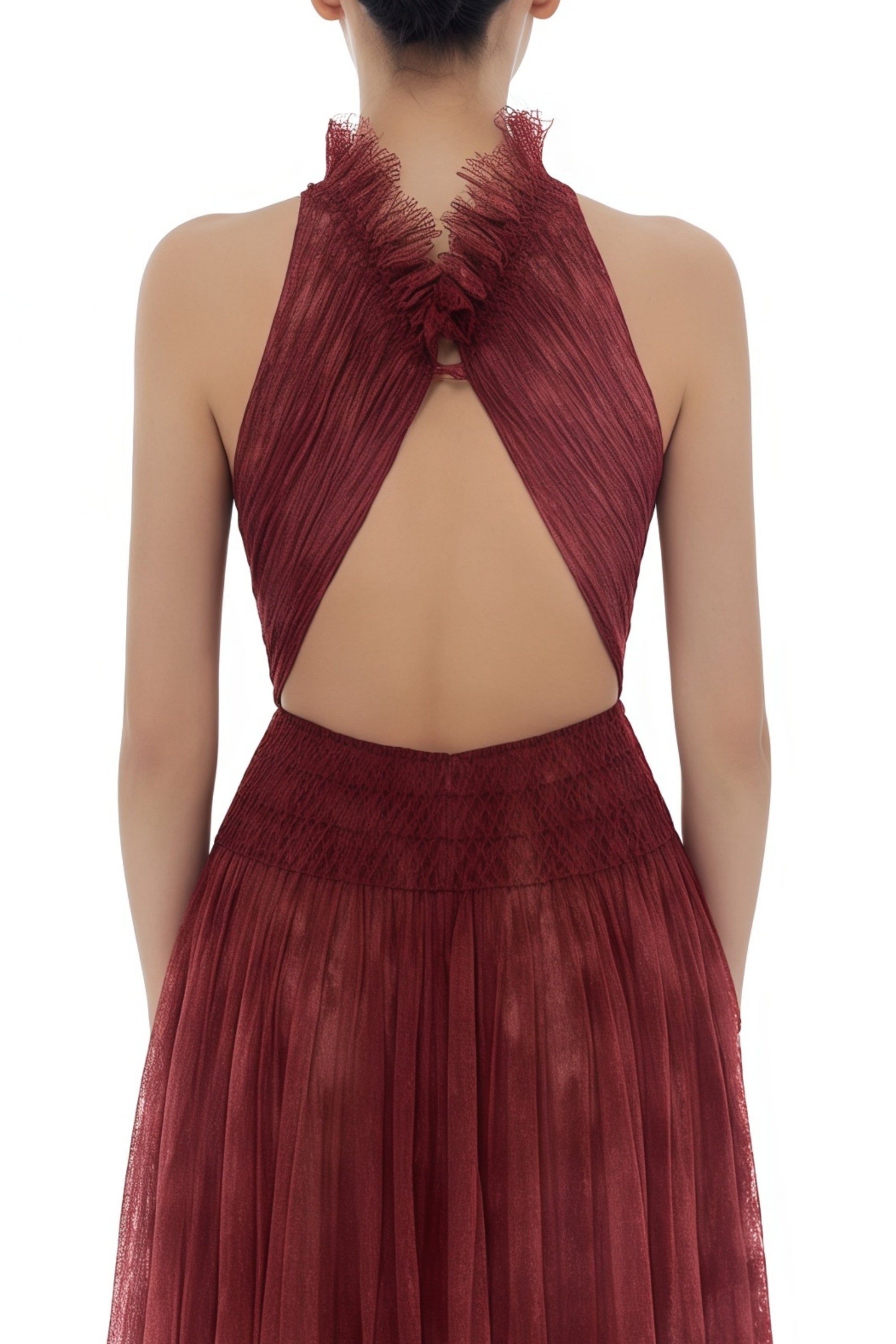 Burgunderrotes Maxikleid aus gesmokter Spitze