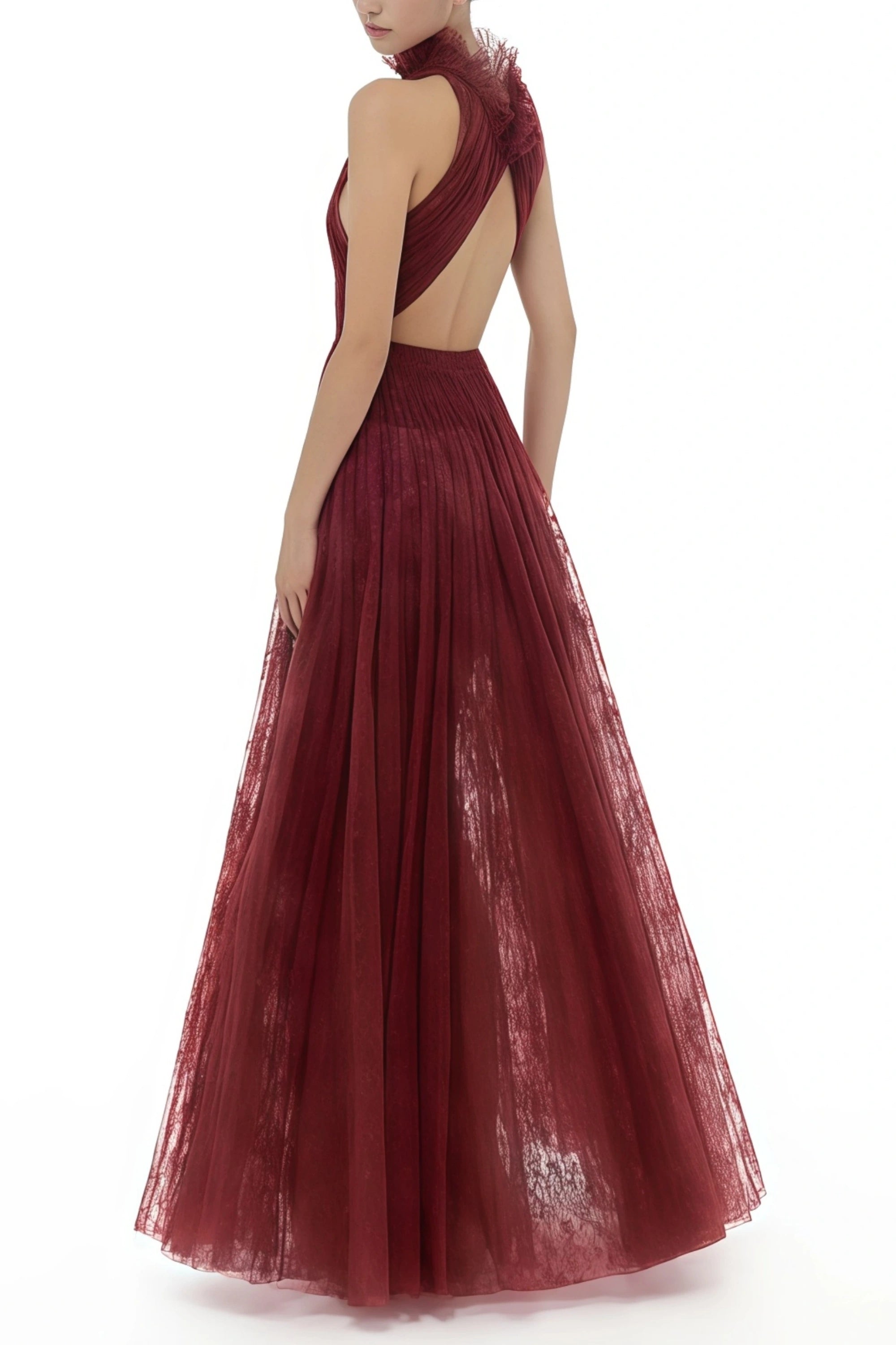 Burgunderrotes Maxikleid aus gesmokter Spitze