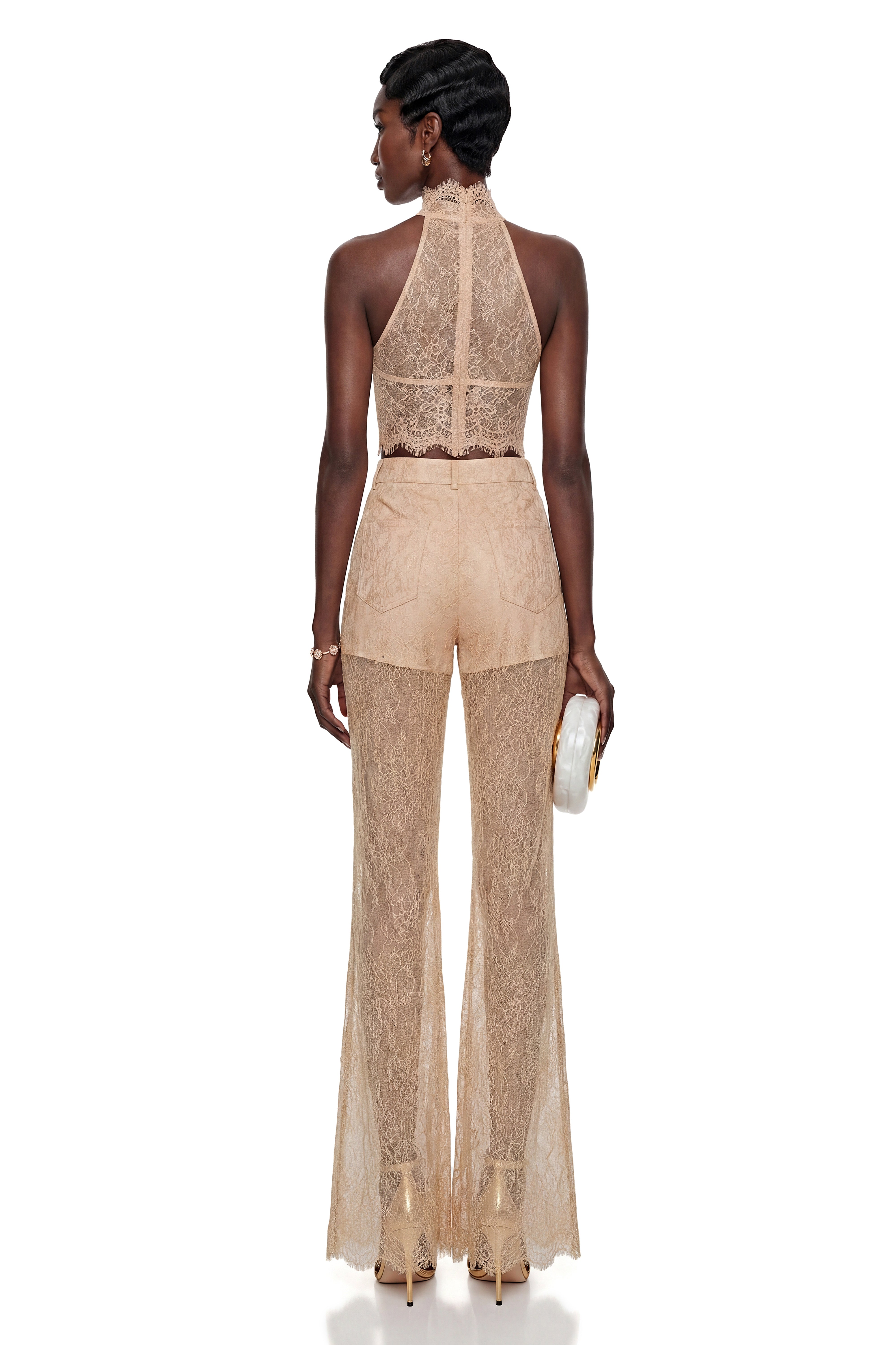 Munirah Neutral Semi-Sheer Lace Trousers