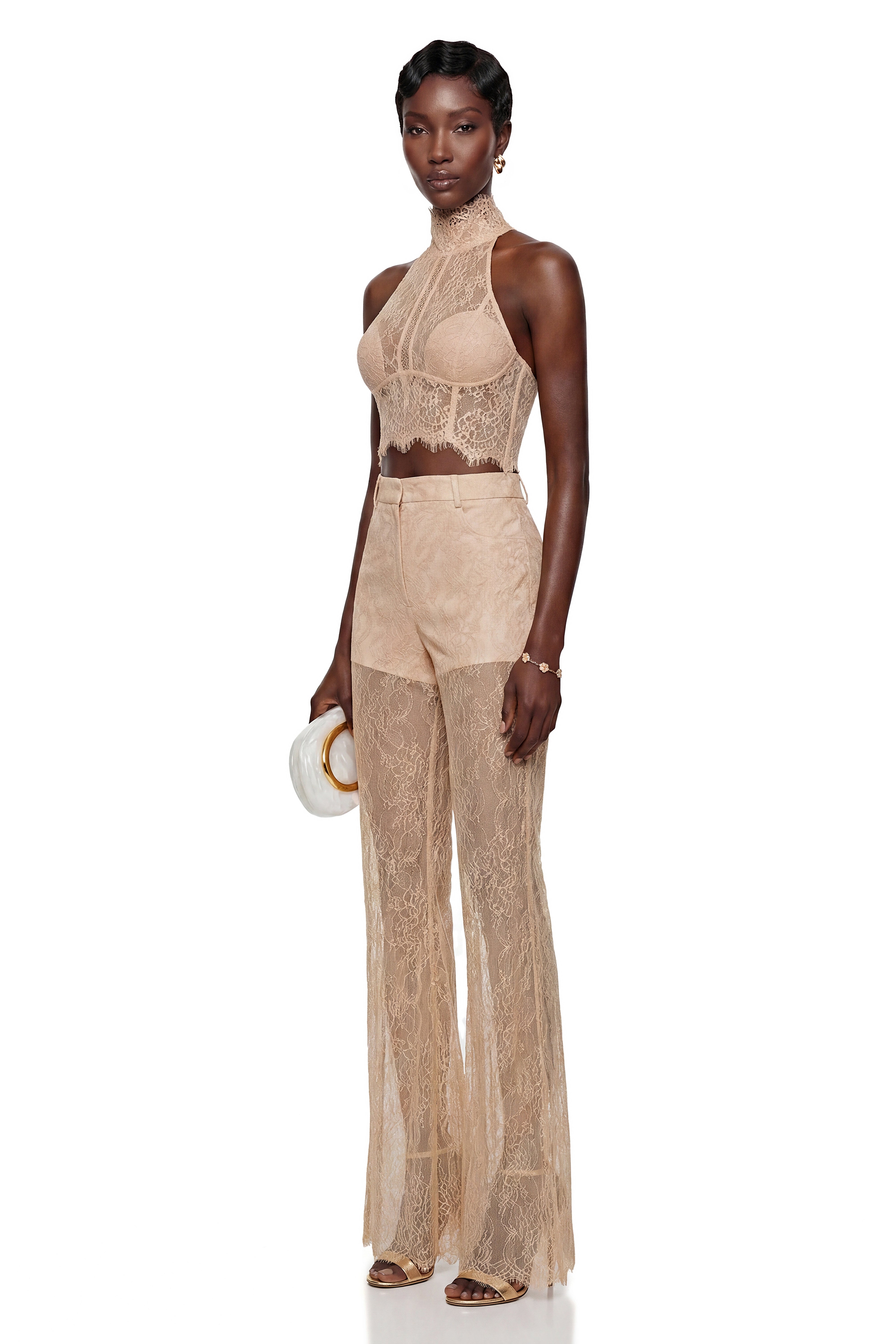 Munirah Neutral Semi-Sheer Lace Trousers