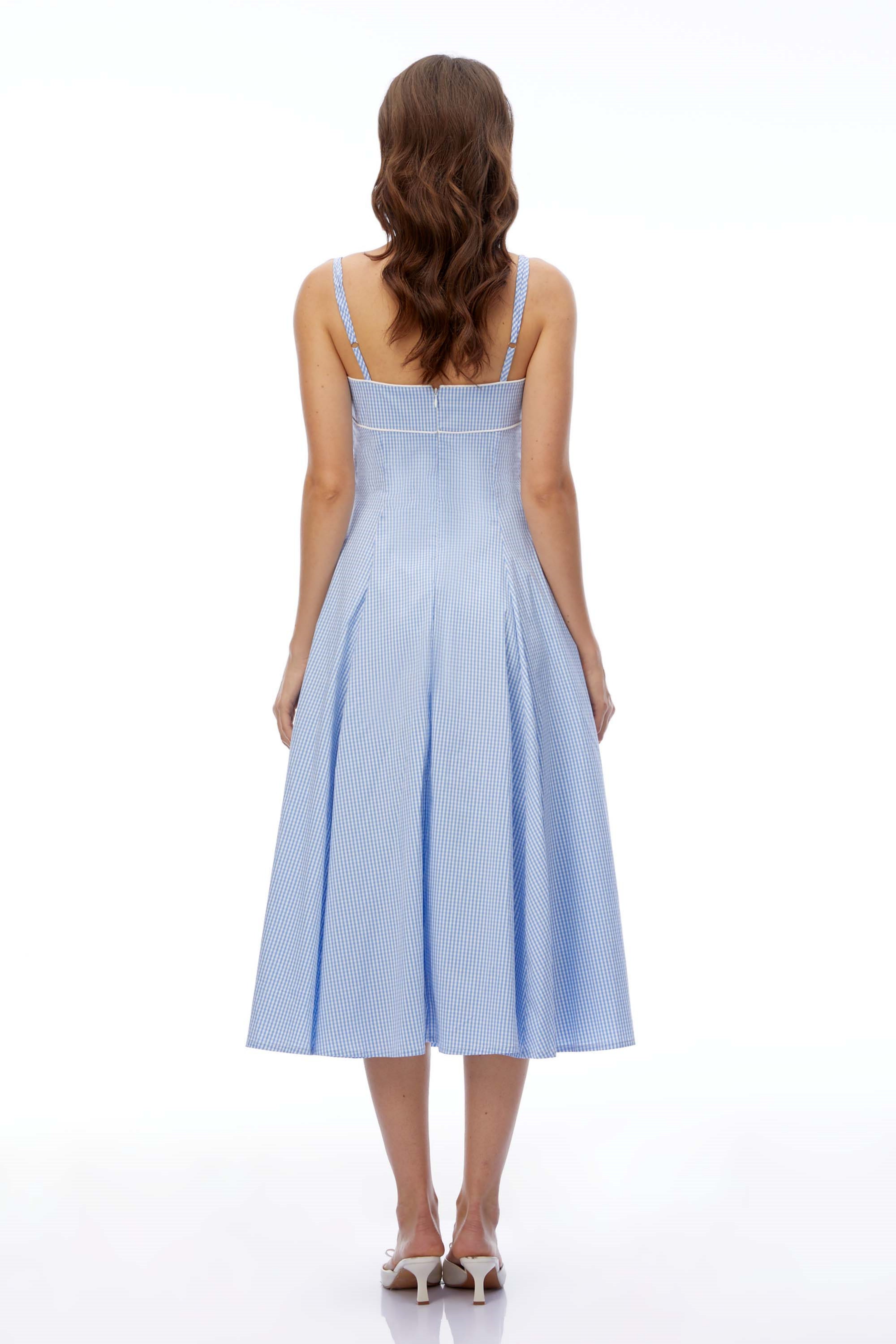 Robe midi à carreaux Myrtle Blue à encolure carrée