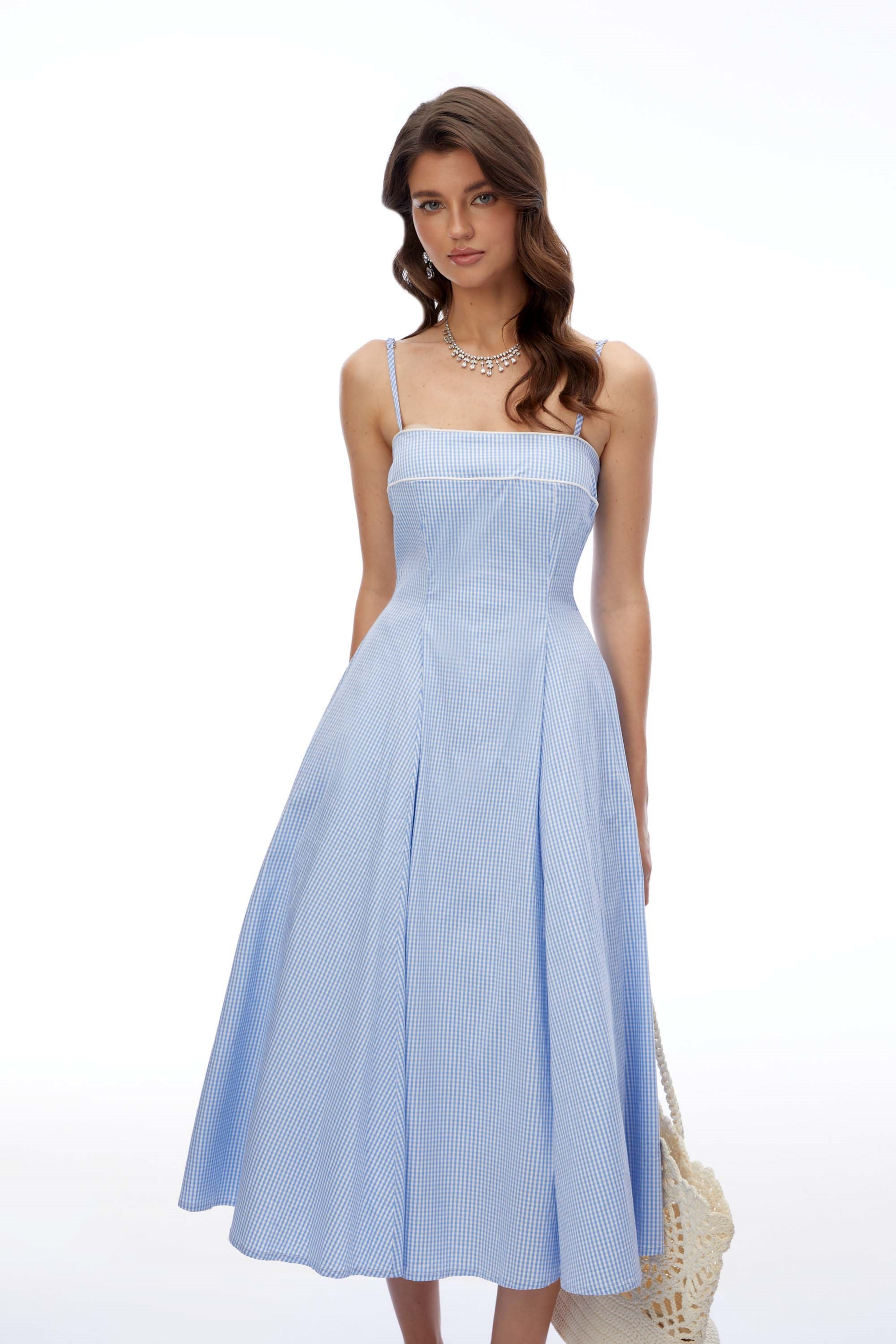 Robe midi à carreaux Myrtle Blue à encolure carrée