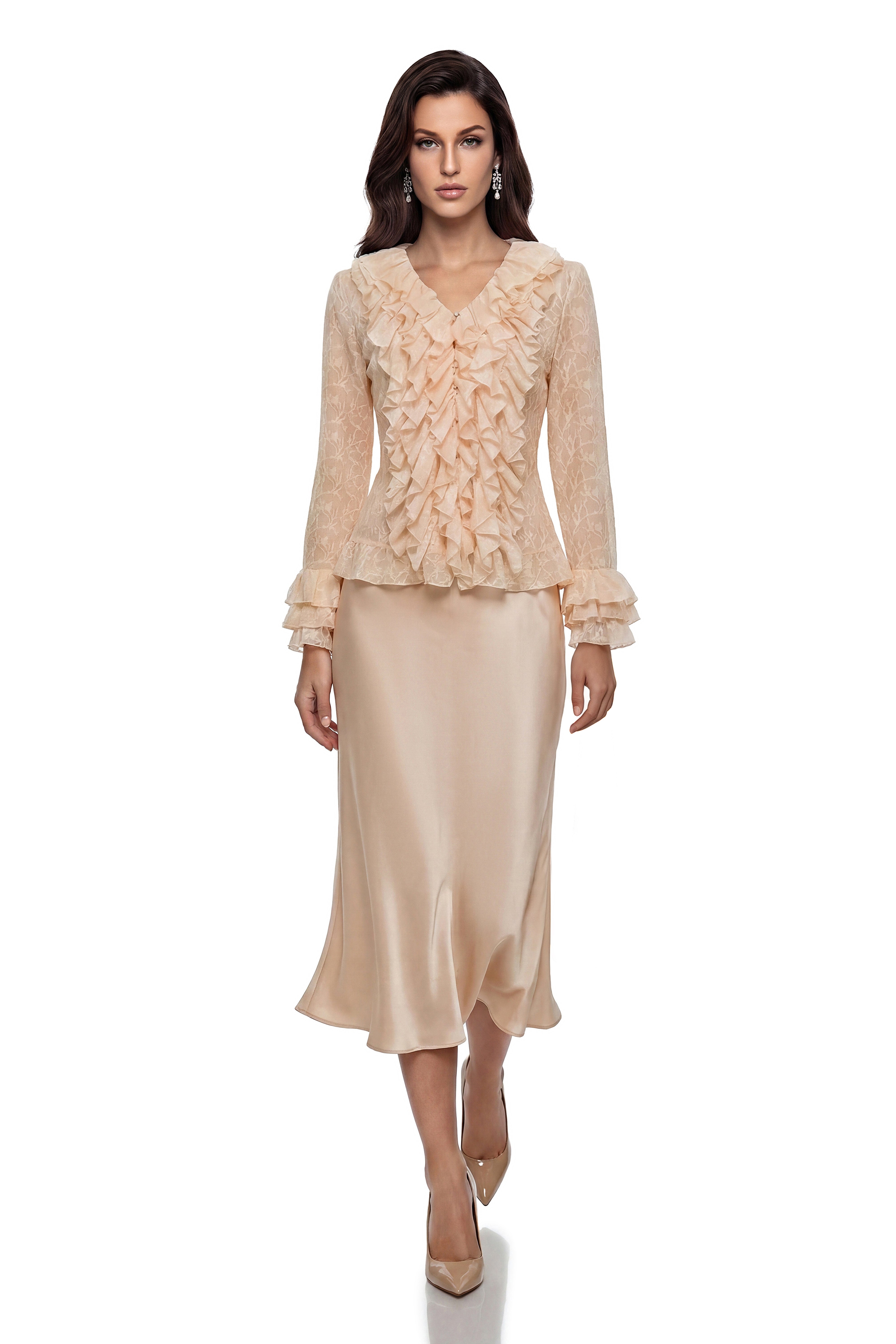 Naama Cream Plunge Neck Ruffled Blouse