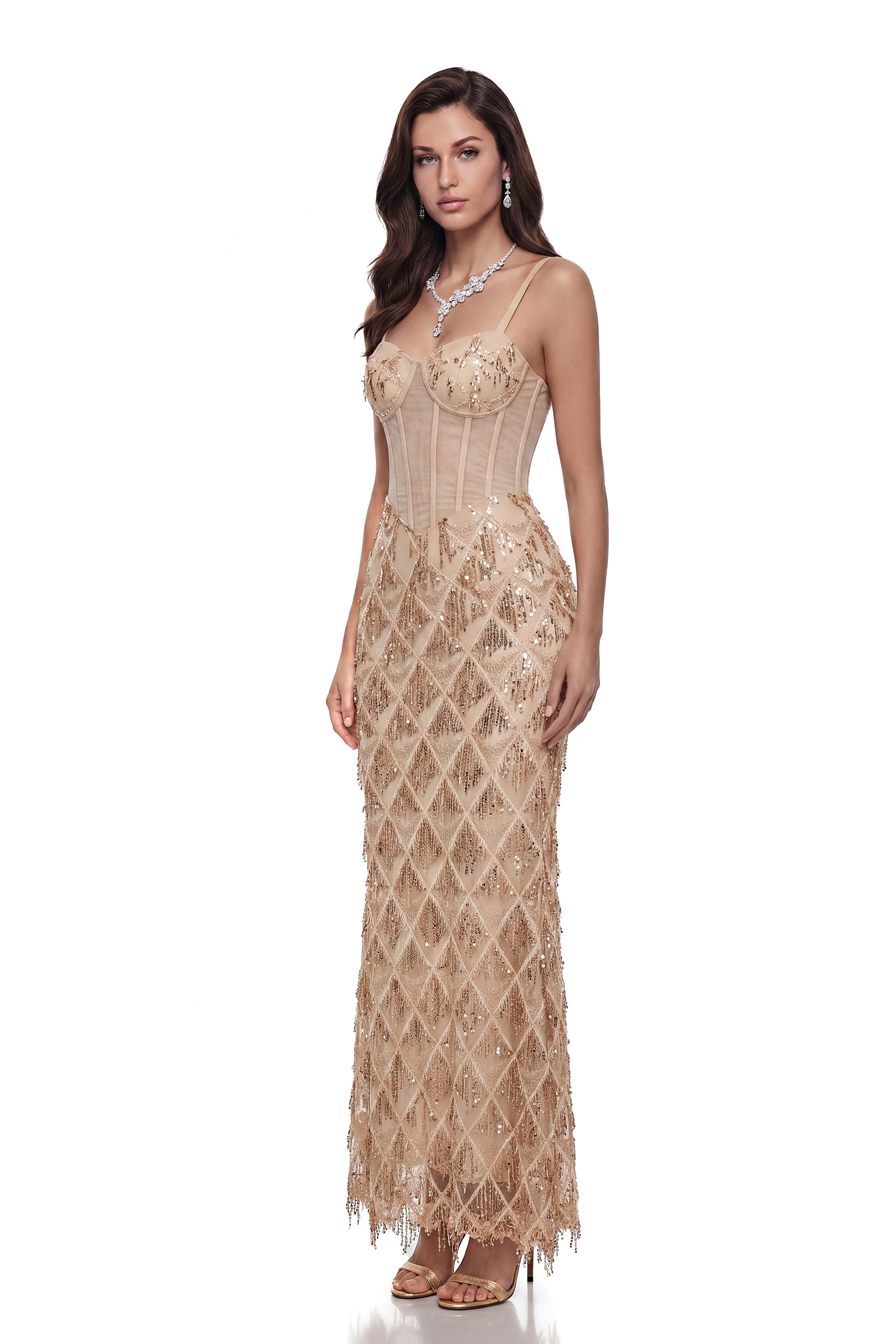 Robe longue à paillettes dorées Natalia Champagne
