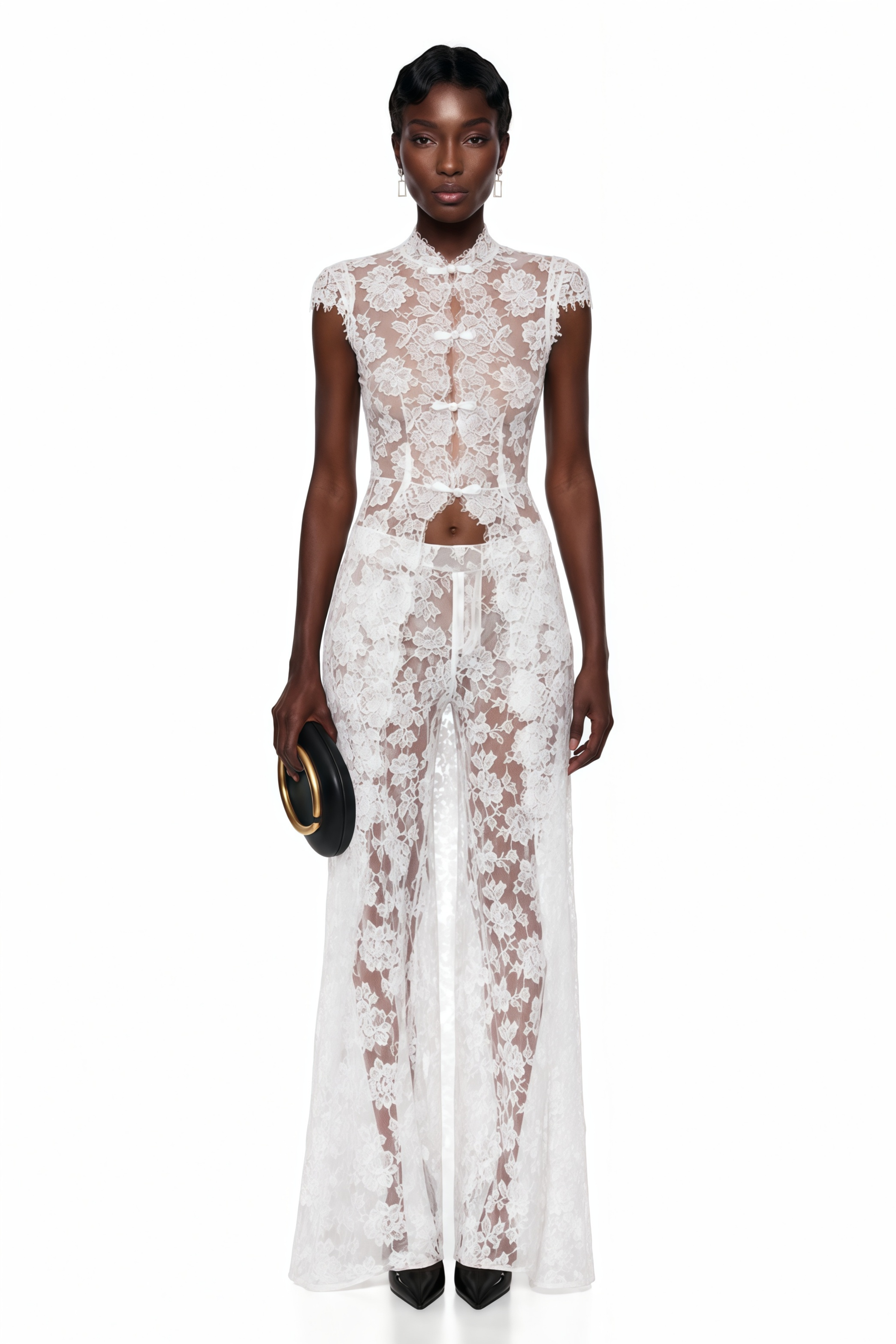 Natalia White Cut-Out Lace Top & Trousers Set