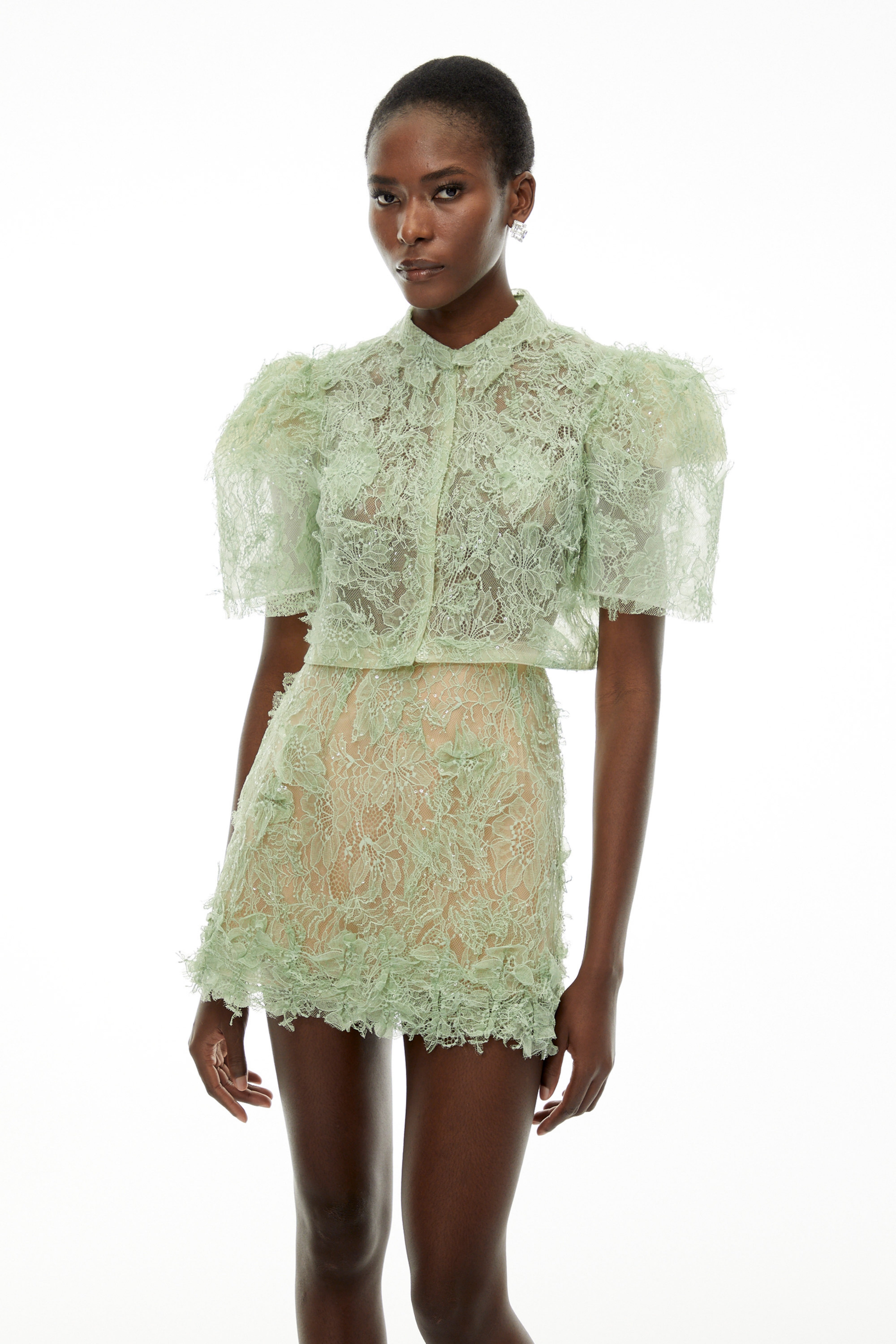 Nathalie Sage Green Floral Lace Top & Skirt Set
