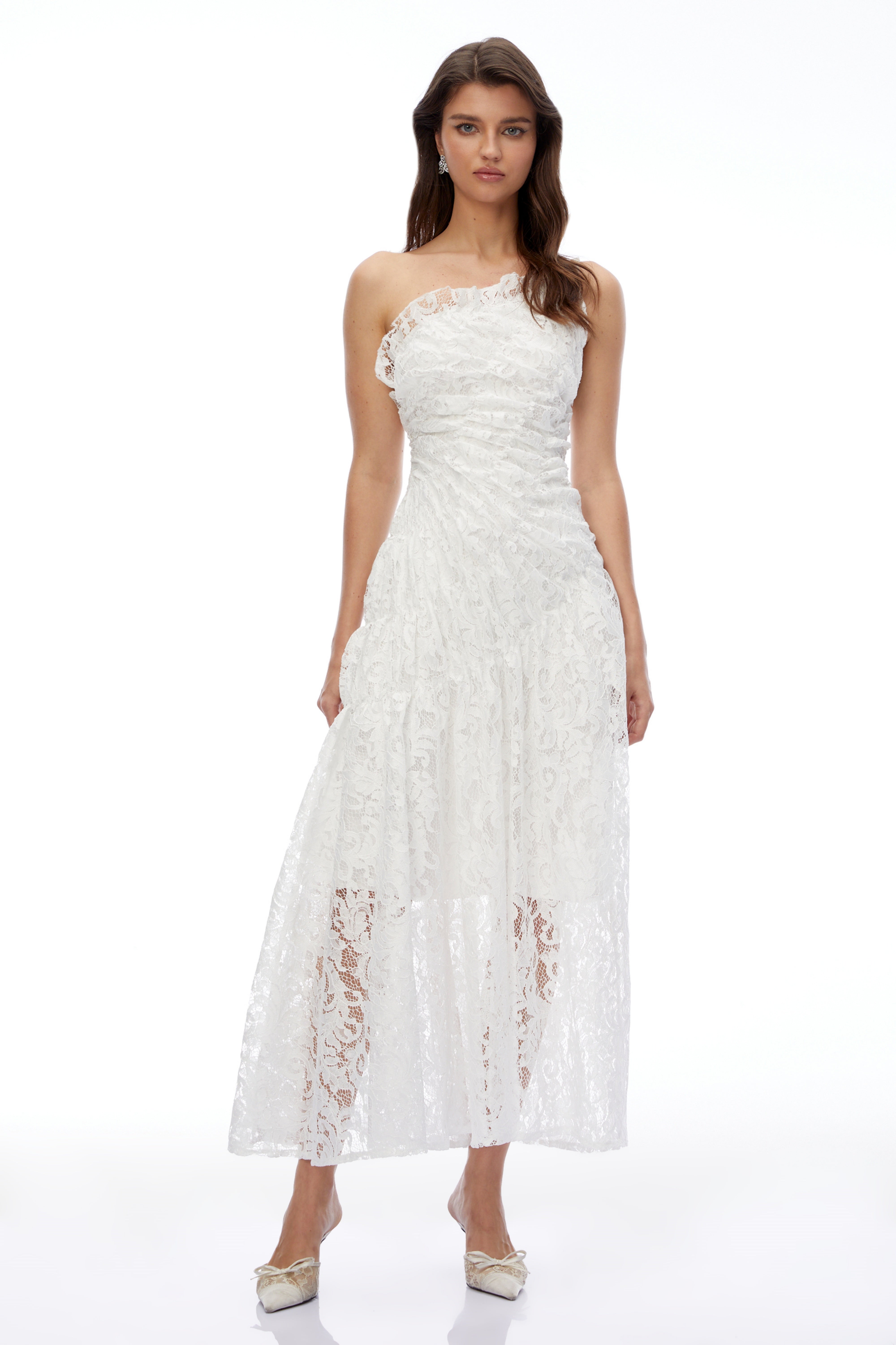 Nathalie White Floral Lace Ruched Maxi Dress
