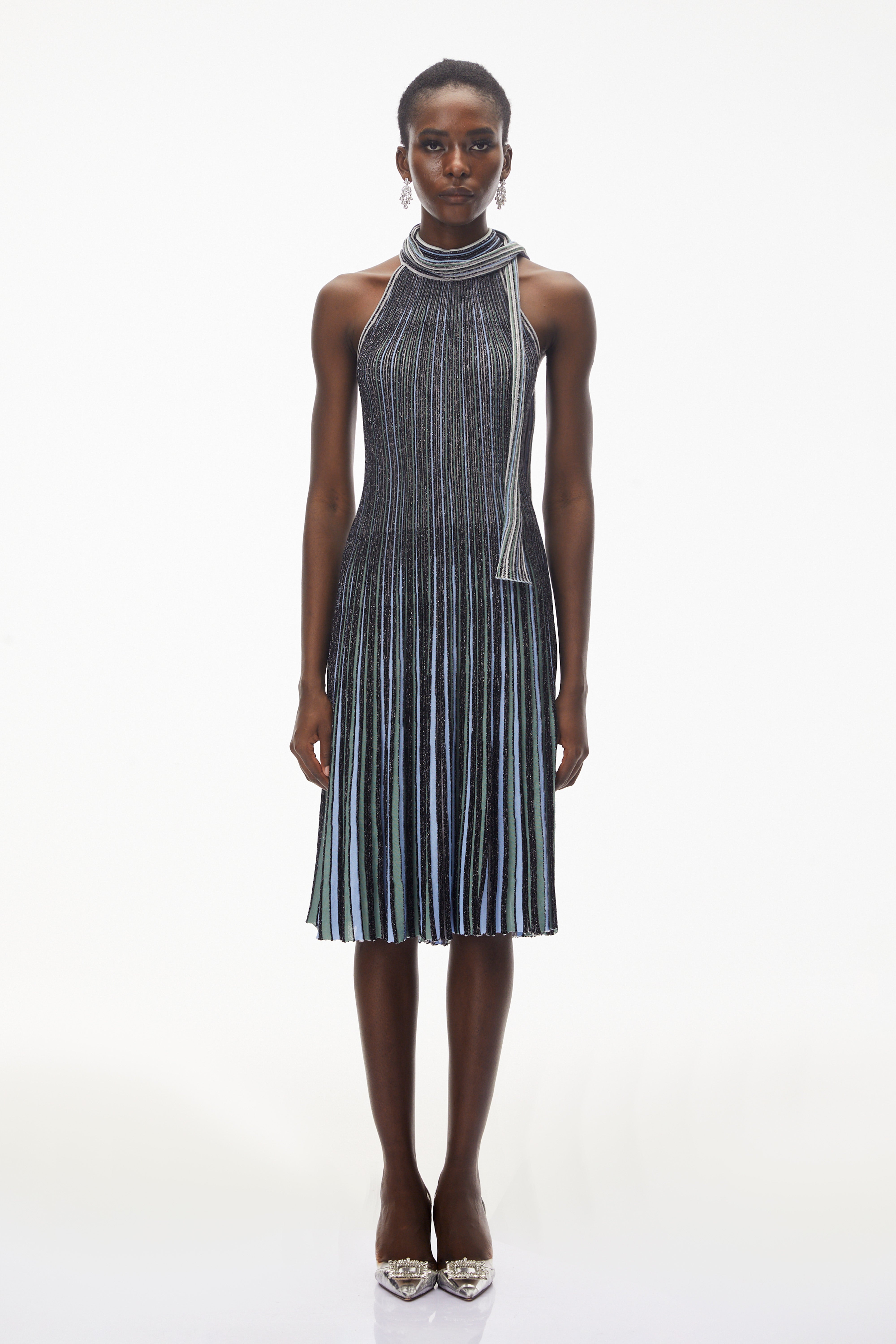 Nausicaa Navy Blue Metallic Striped Knit Midi Dress