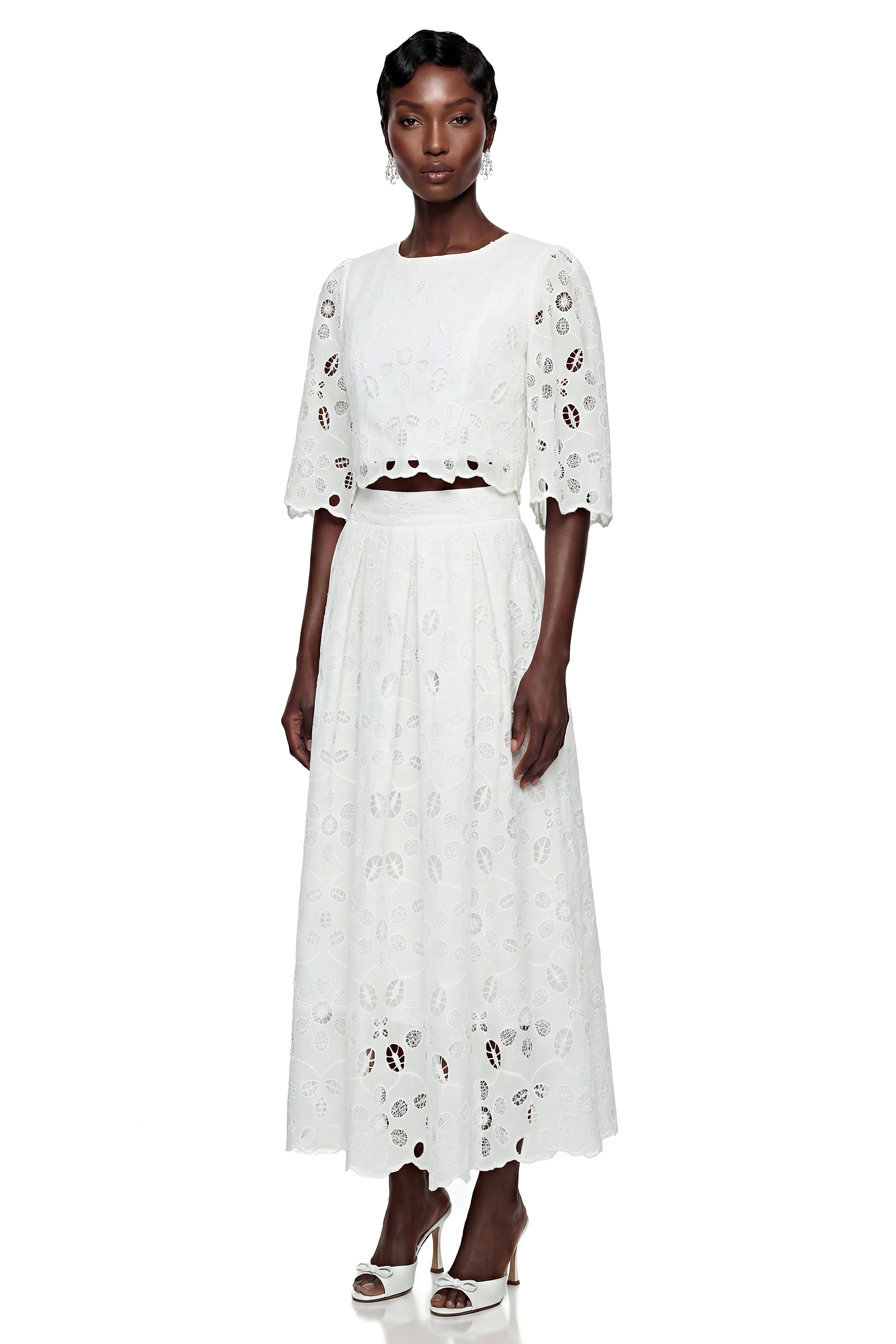 Nephthys White Floral Cut-Out Blouse & Skirt Set