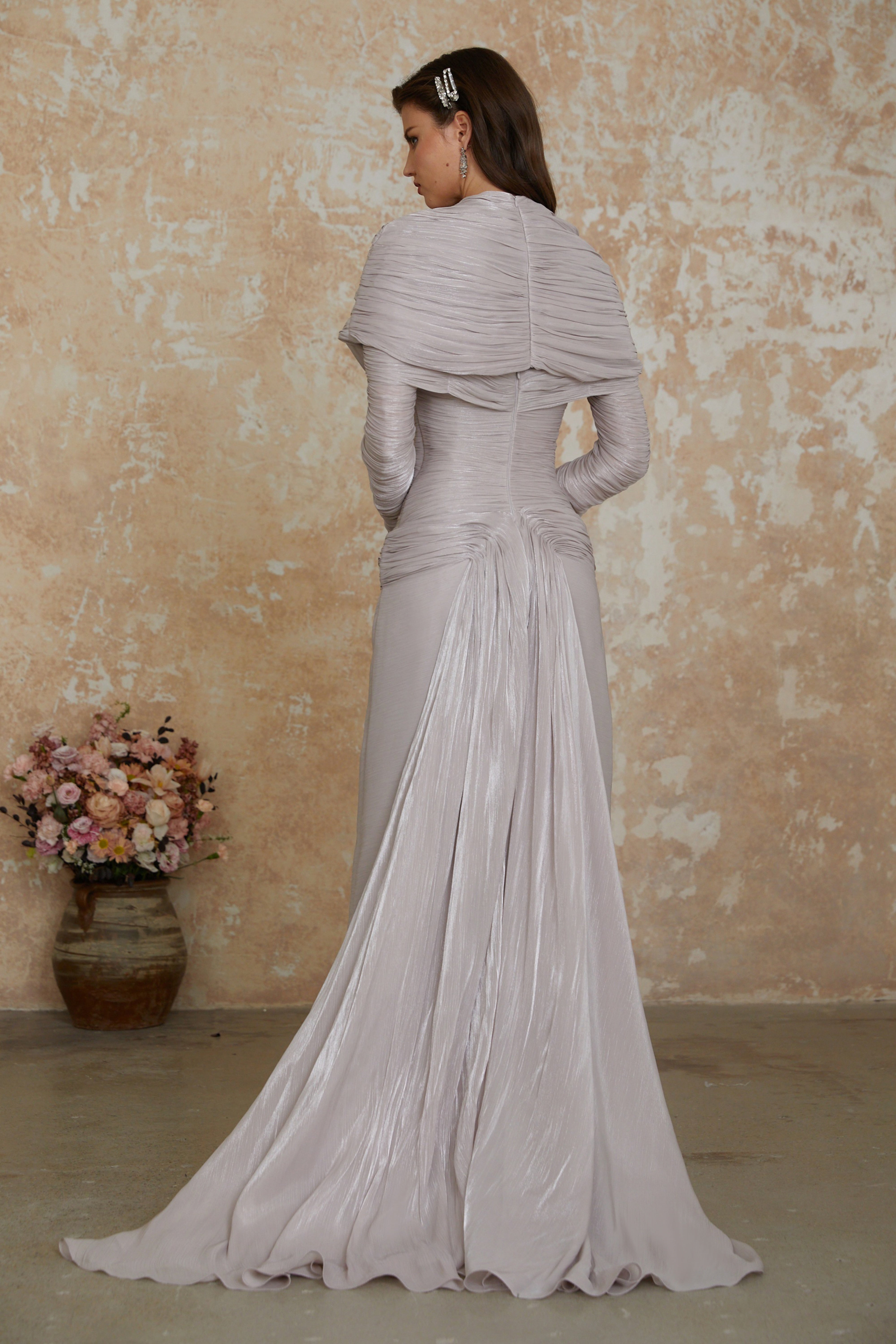 Nerida Silver Turtleneck Ruched Maxi Dress