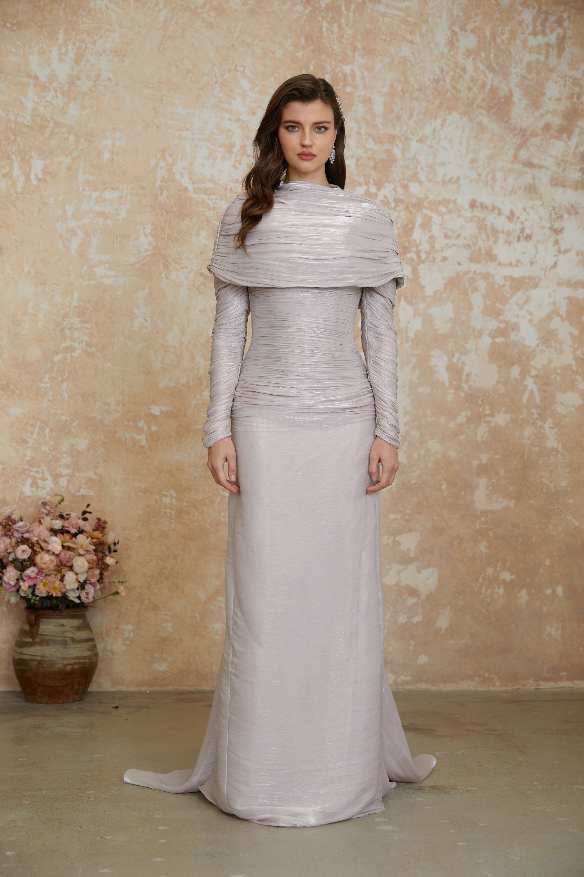 Cape Metallic Plissé Gown