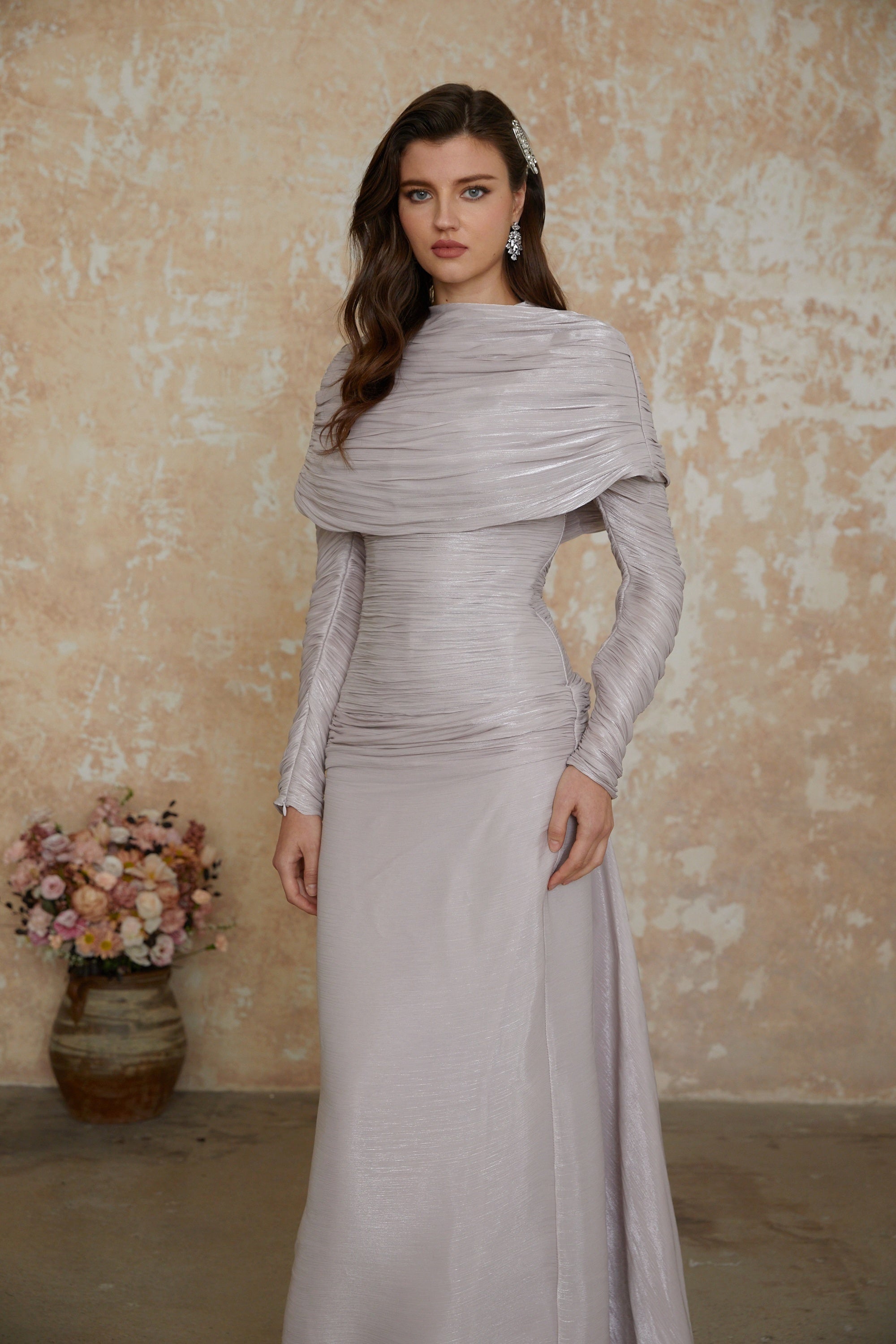 Nerida Silver Turtleneck Ruched Maxi Dress