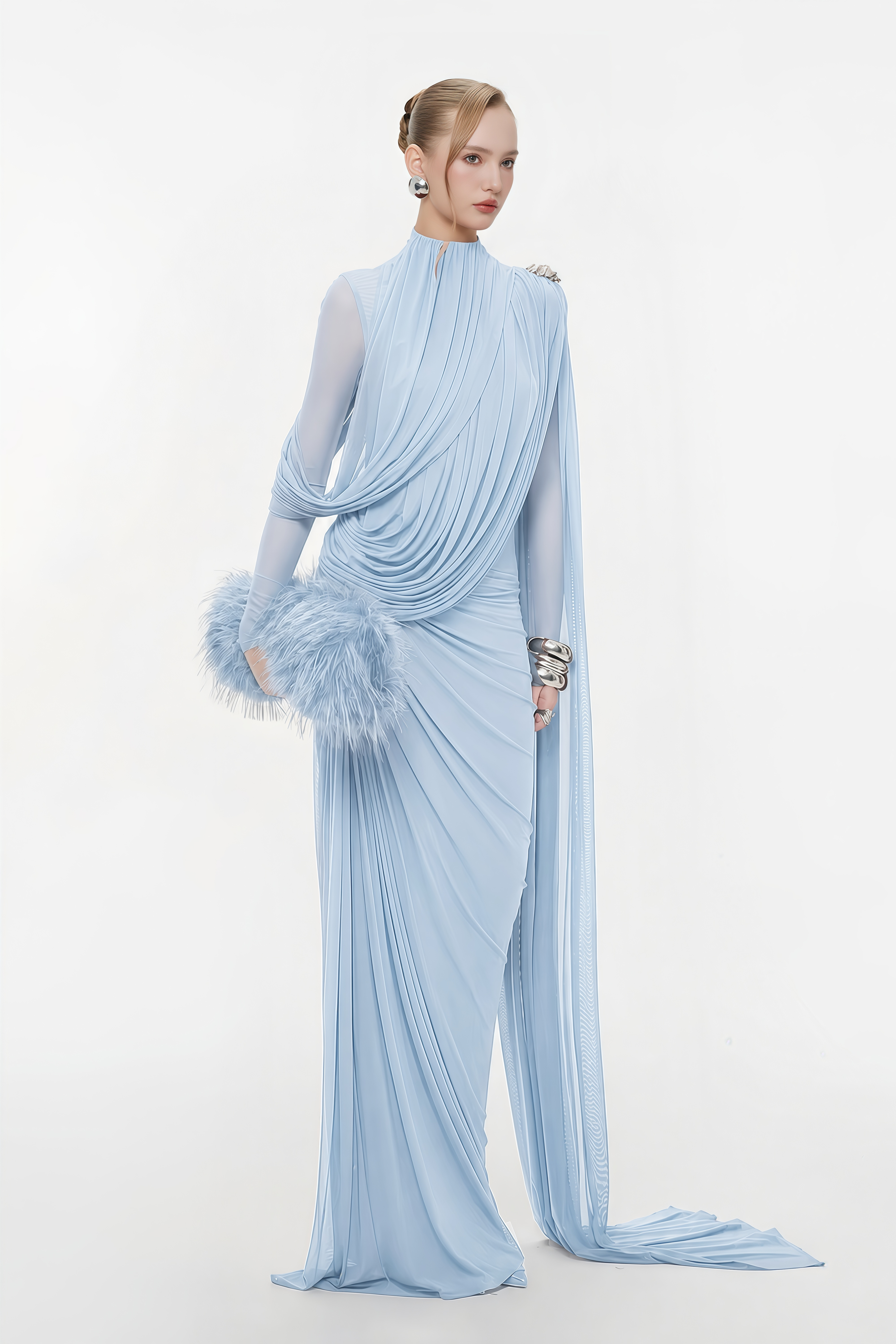 Newton Blue Asymmetrical Ribbon Ruched Maxi Dress
