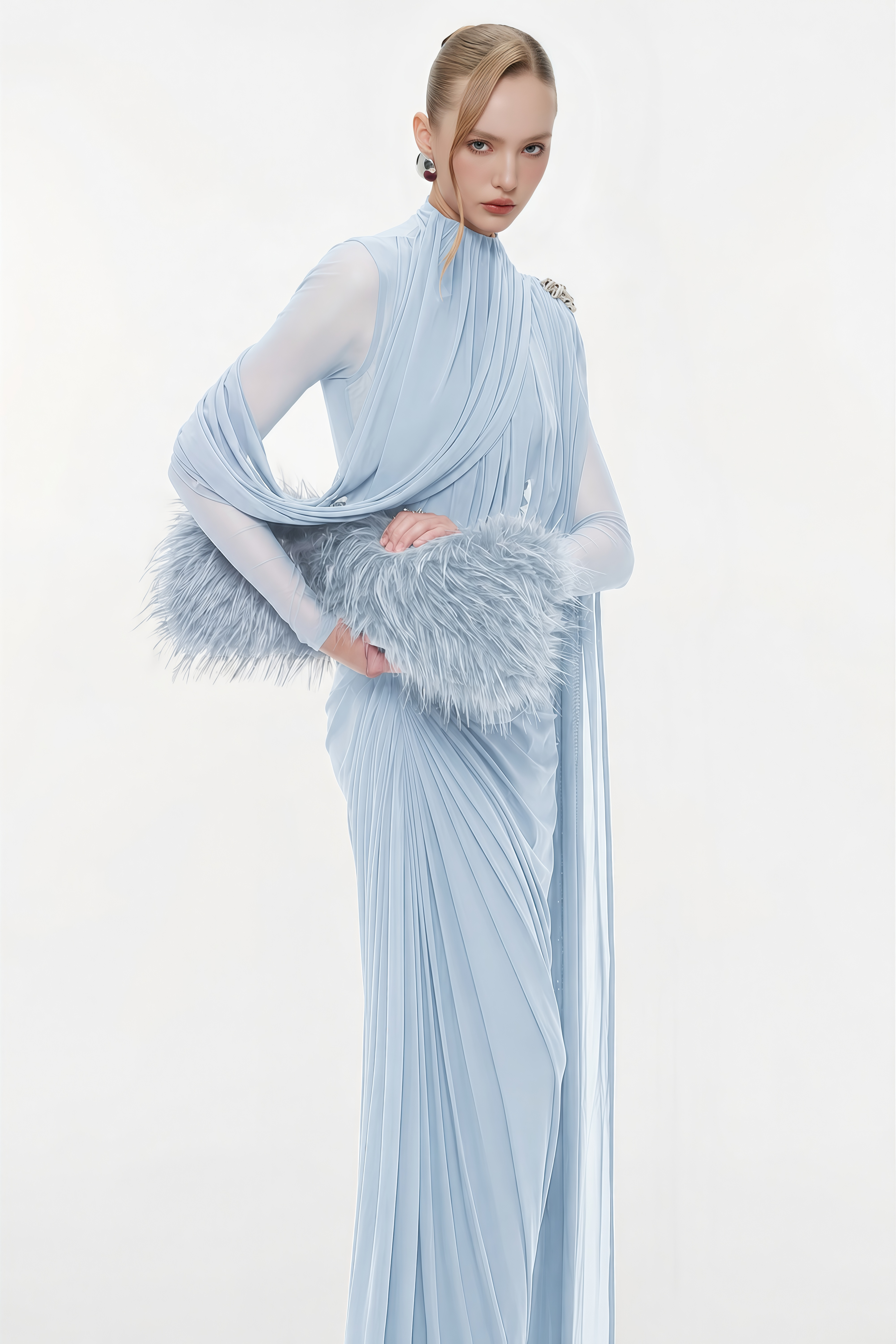 Newton Blue Asymmetrical Ribbon Ruched Maxi Dress