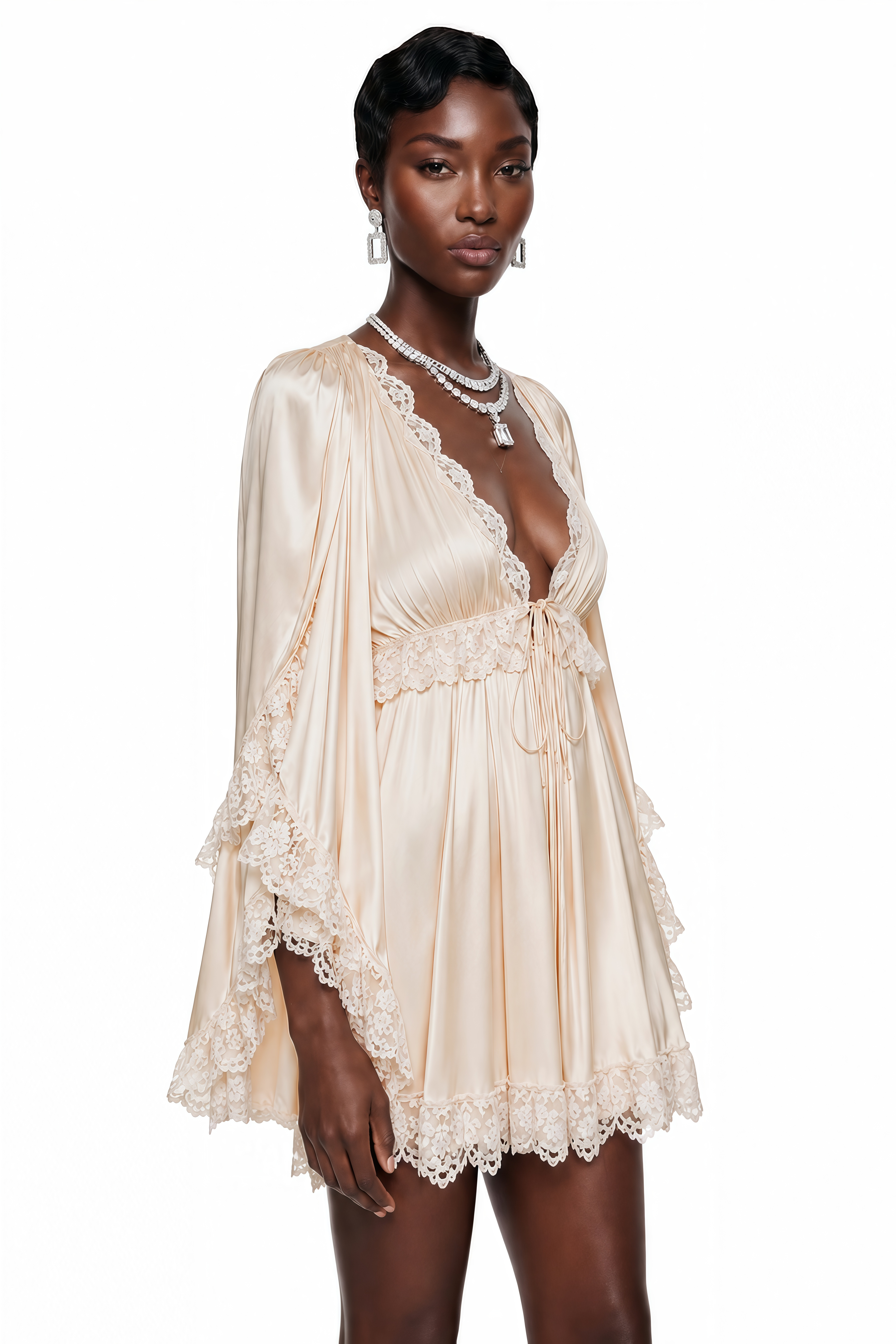 Ngawai Champagne Sweetheart Mini Dress with Lace Trim