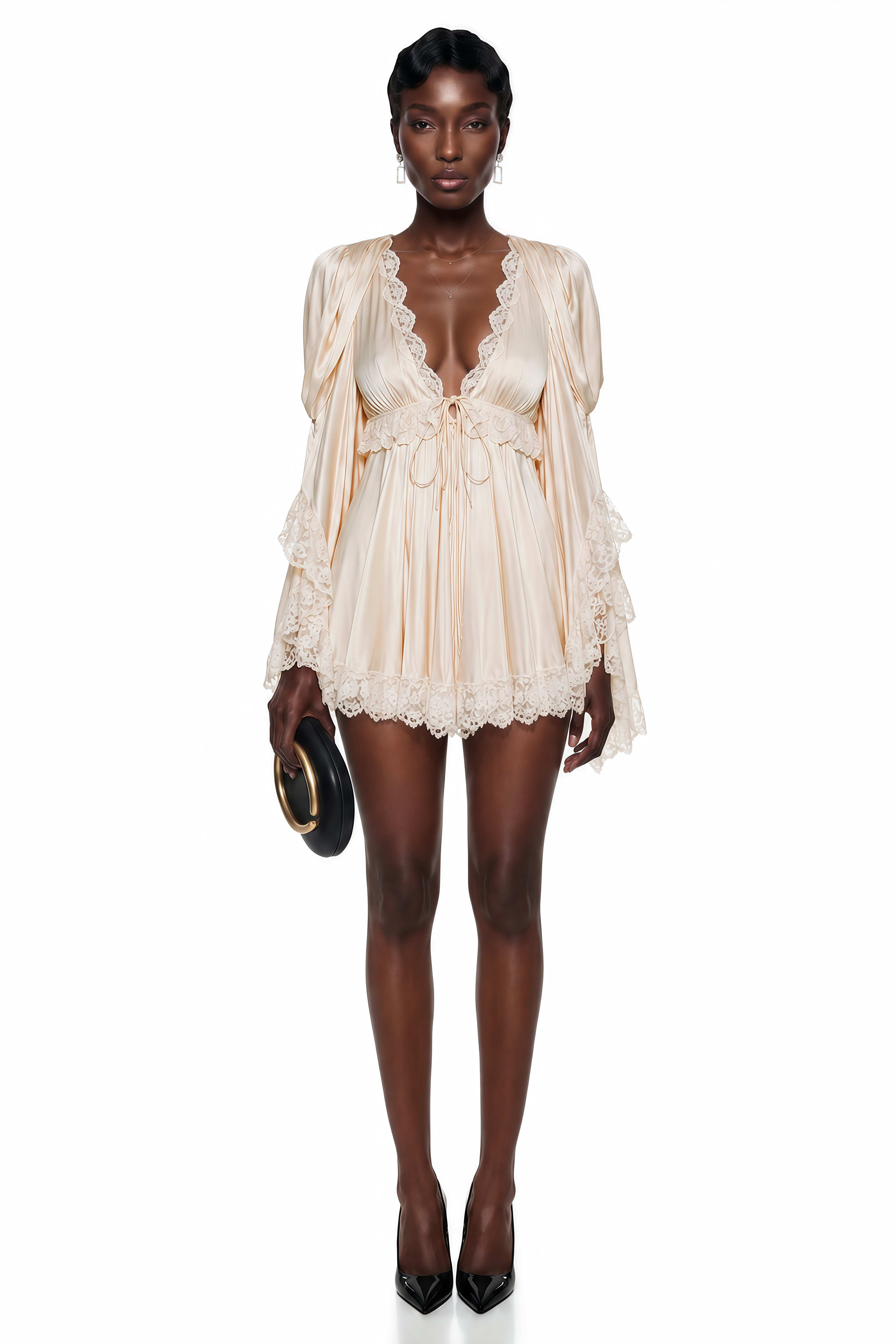 Ngawai Champagne Sweetheart Mini Dress with Lace Trim