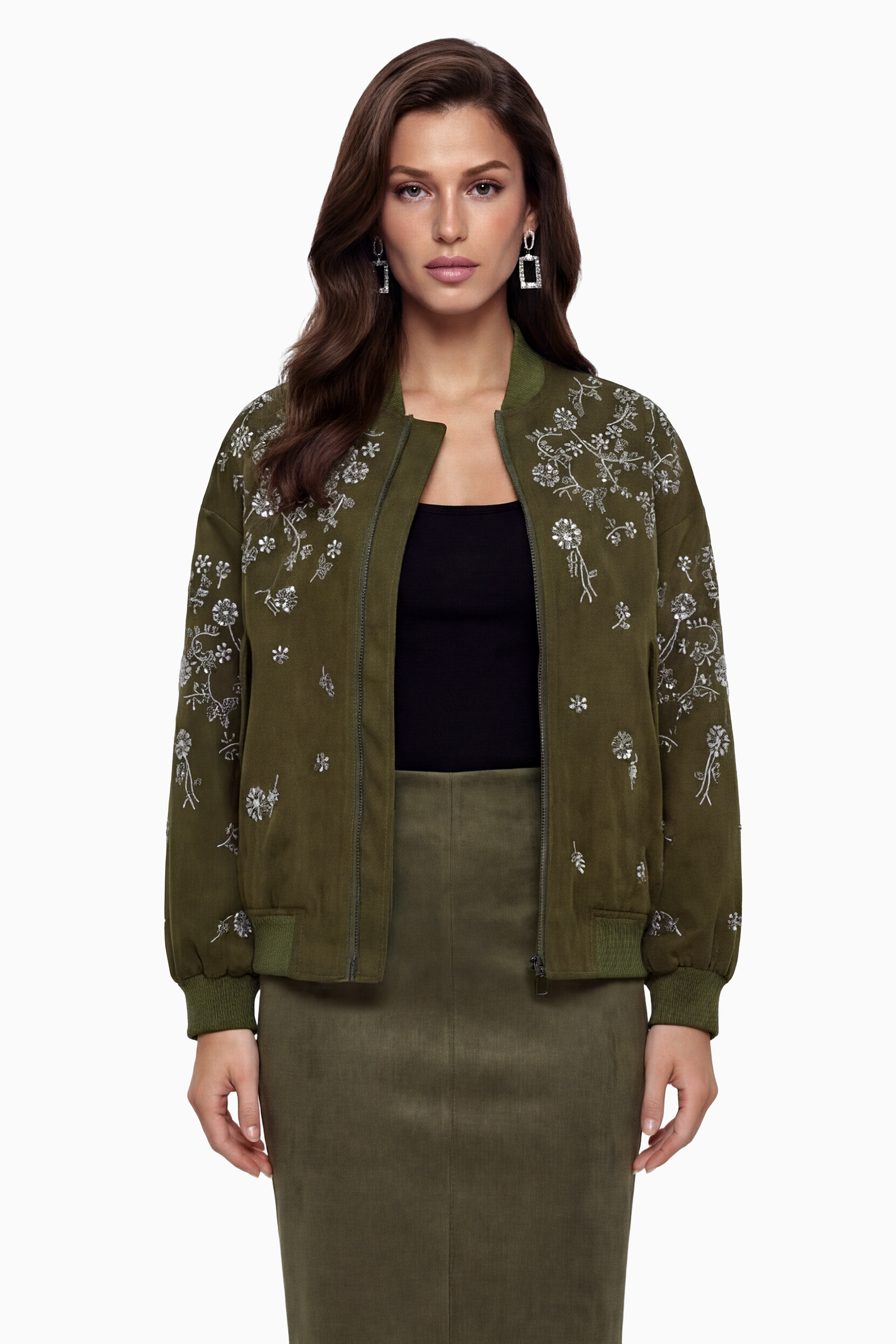 Nicole Green Jacket with Floral Embroidered