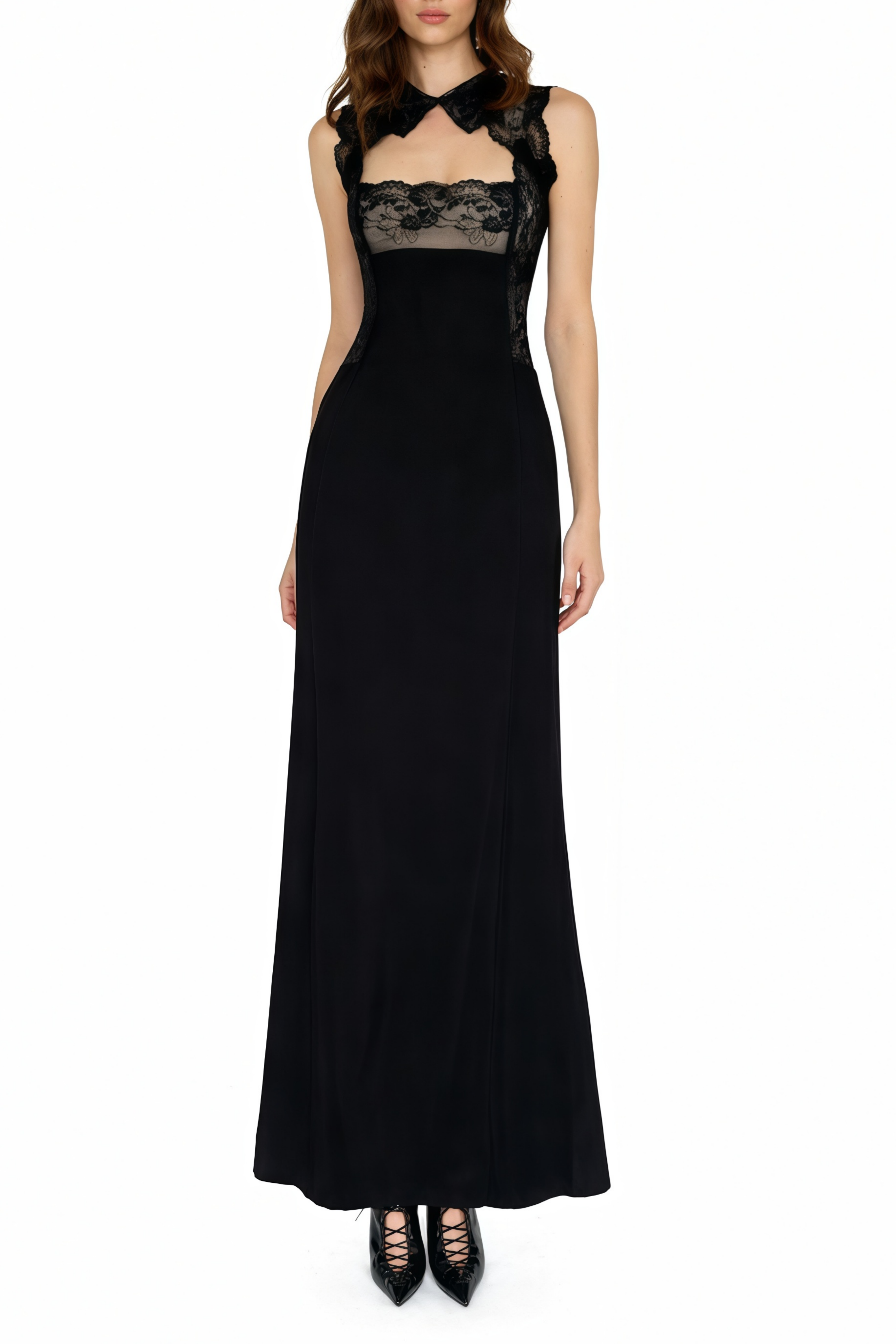 Nina Schwarzes Spitzen-Maxikleid mit Cut-Outs