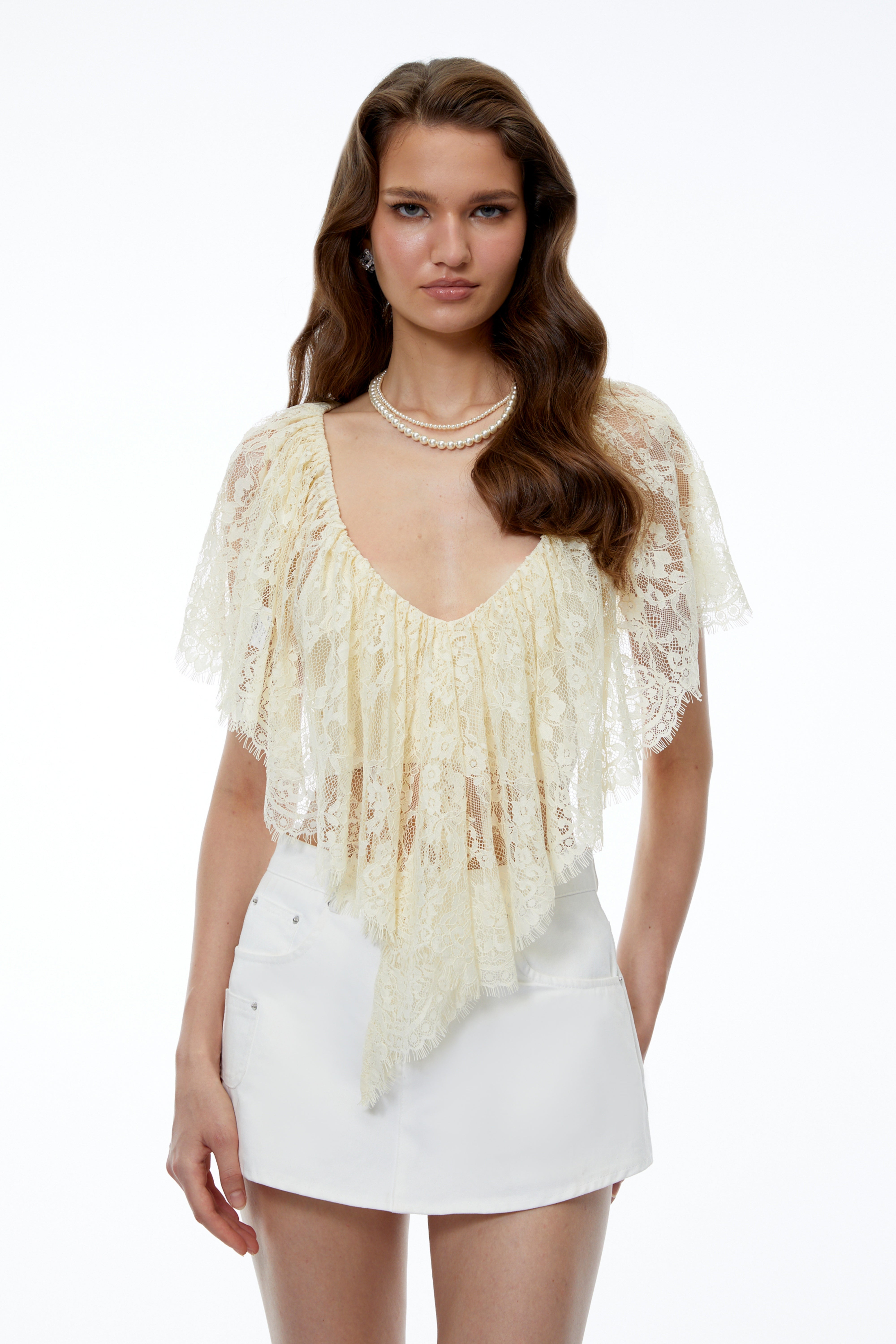 Niu Cream Lace Ruffled Cape Top