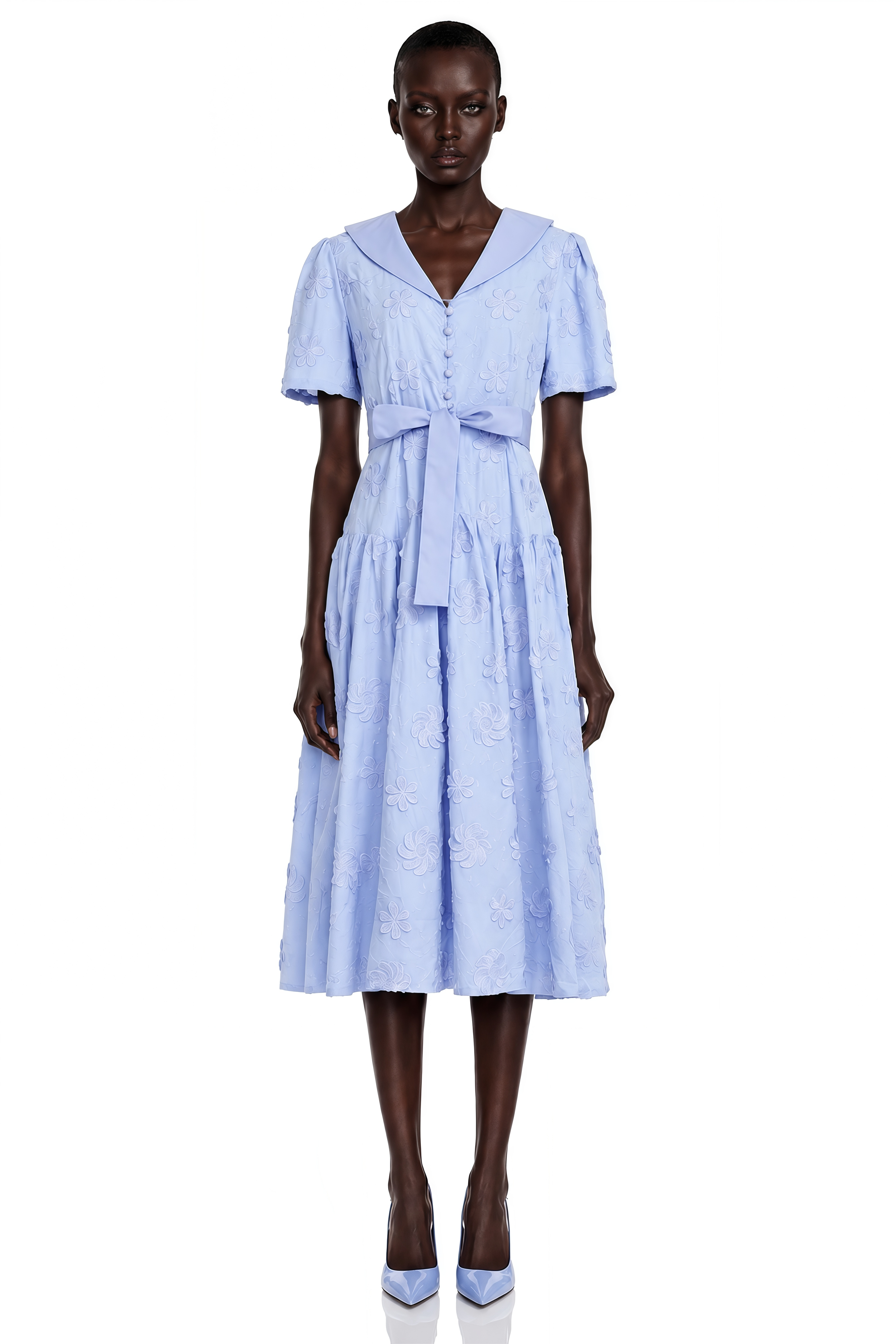 Norma Light Blue Pleated Maxi Dress with Lapel Collar