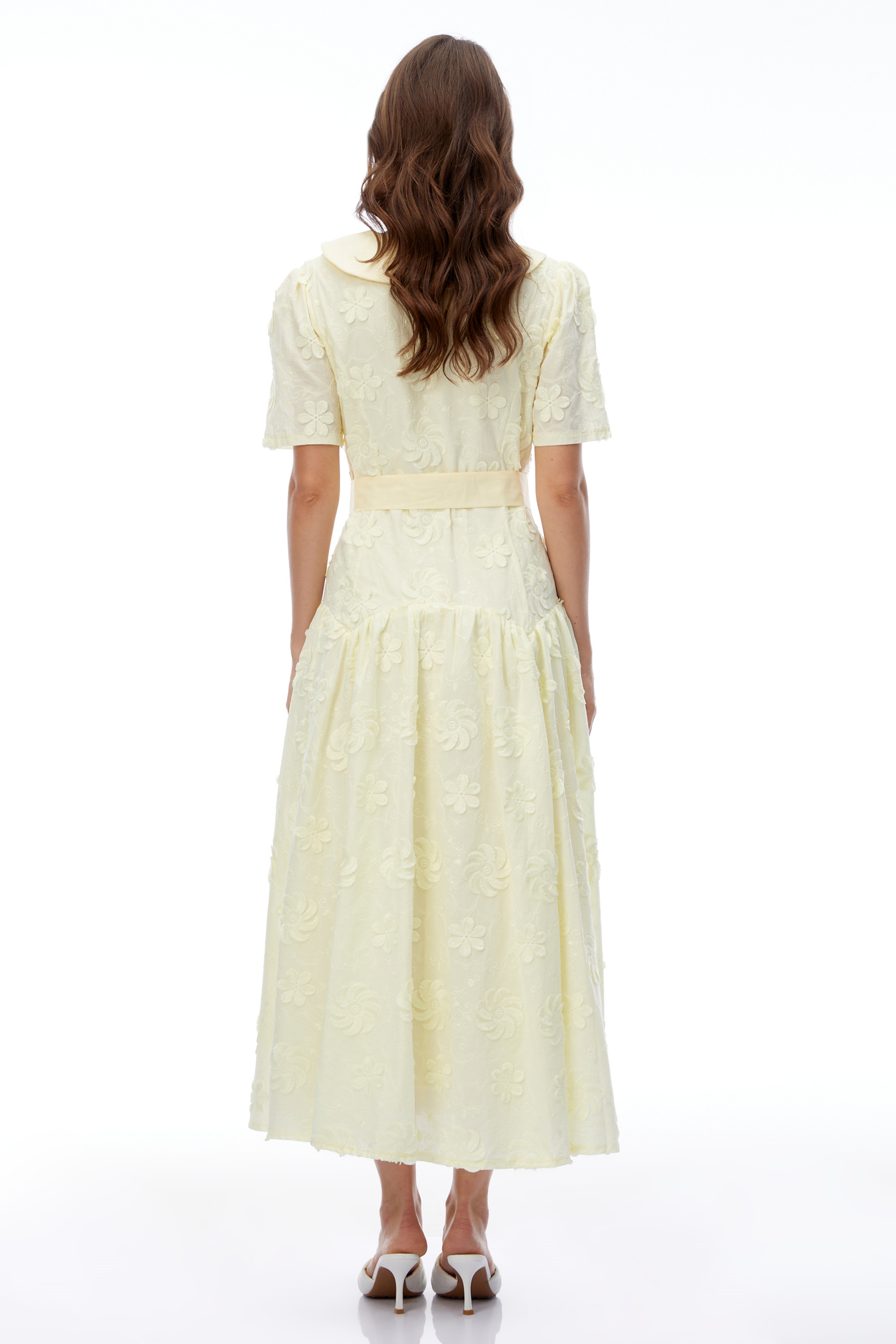 Norma Pale Yellow Pleated Maxi Dress with Lapel Collar