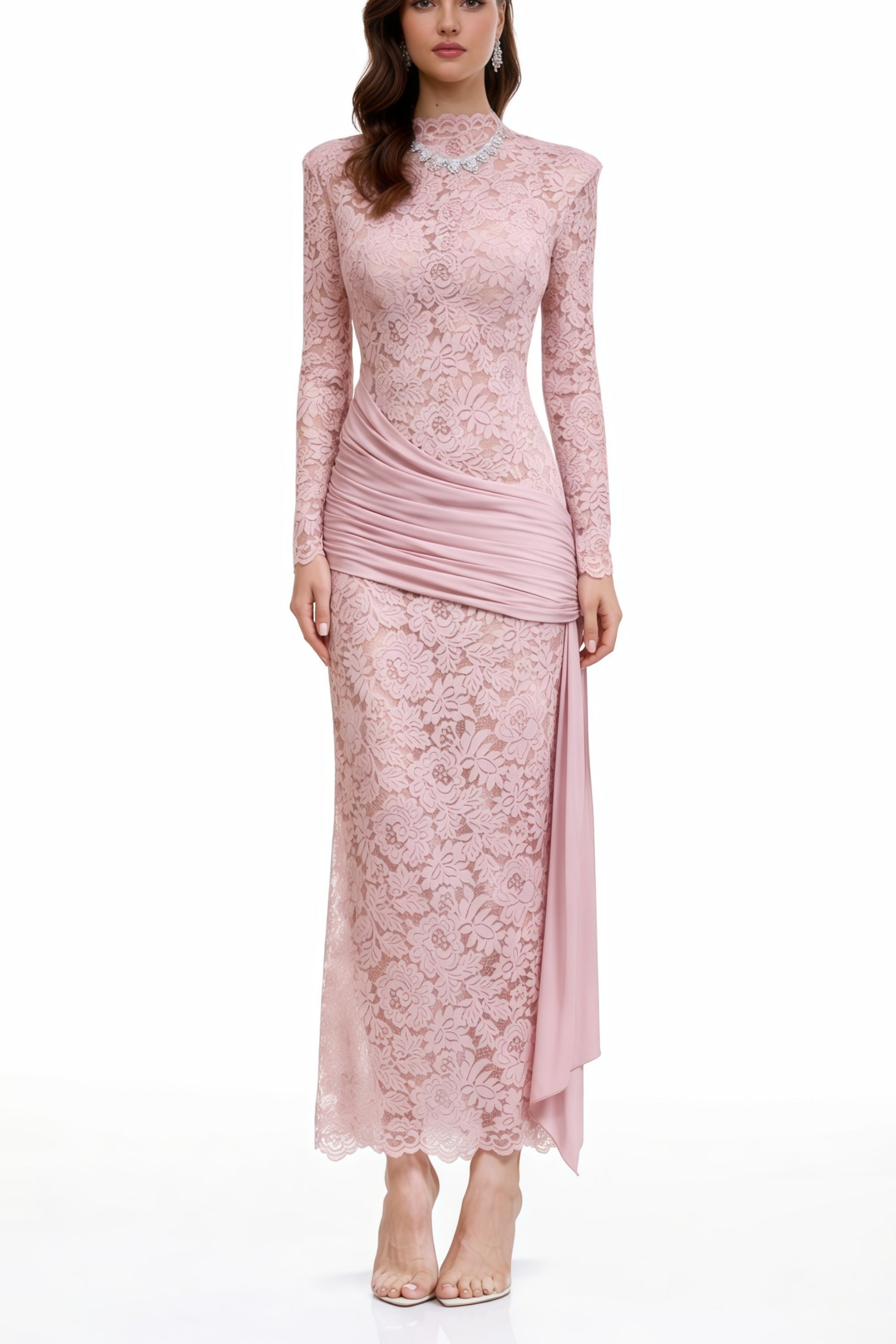Nuria Pink Ribbon Detail Floral Lace Midi Dress
