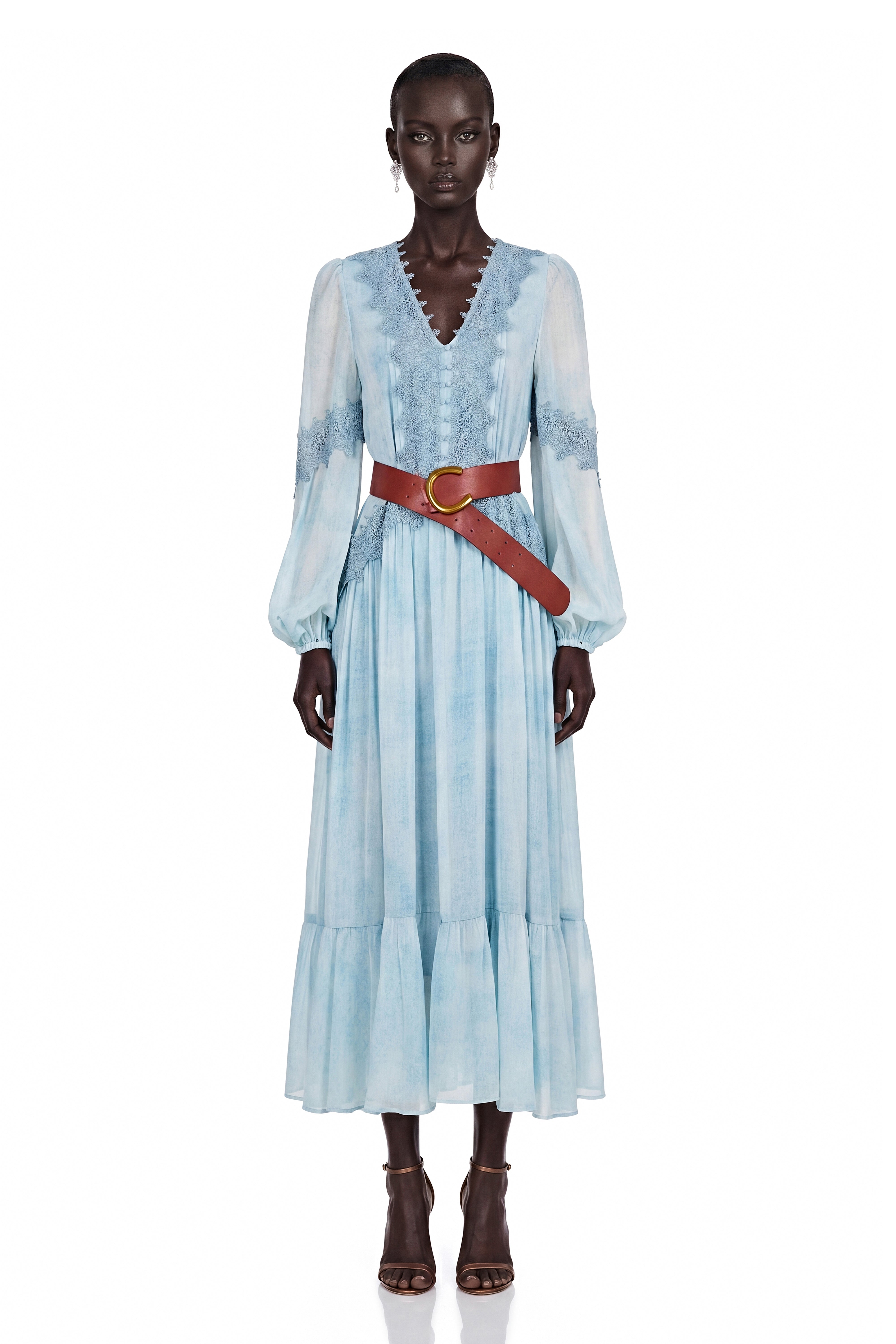 Nurit Blue Maxi Dress with Lace Panels